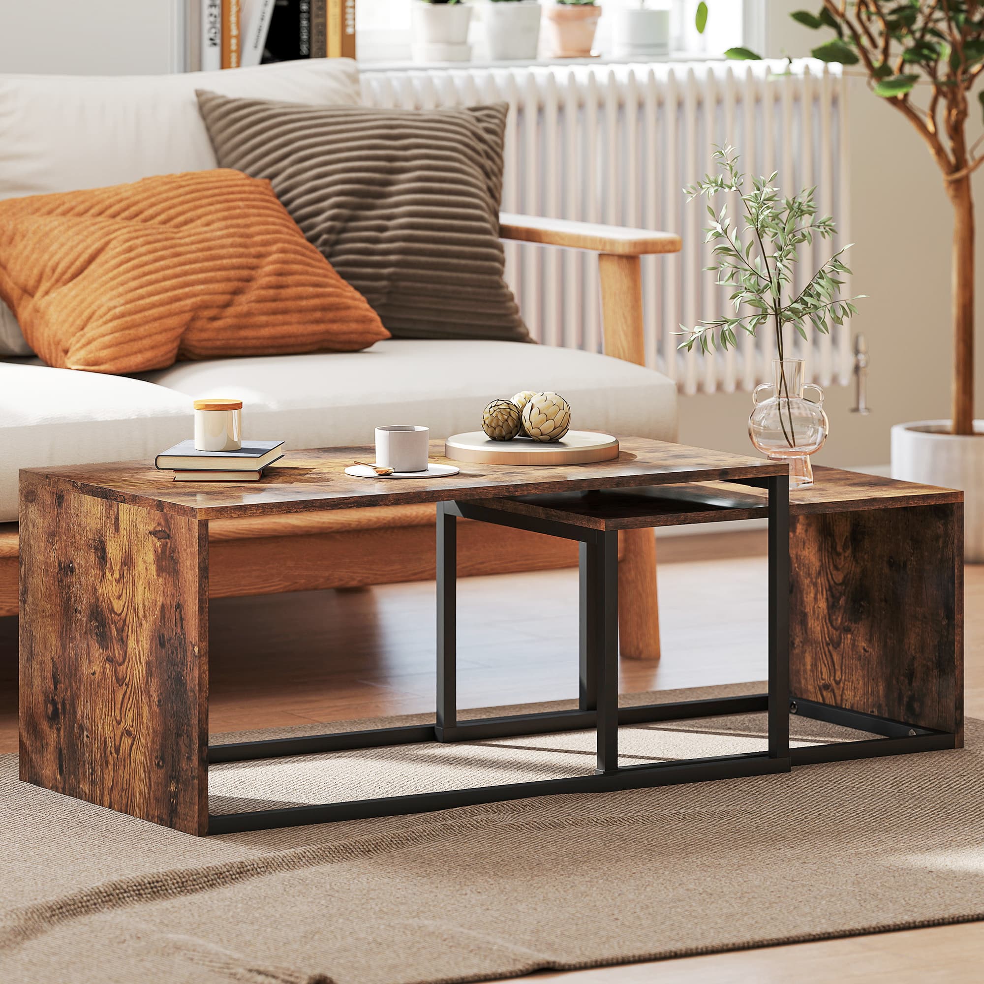 2er-Set Couchtisch, Sofatisch, Beistelltisch, Schwarz+Braun