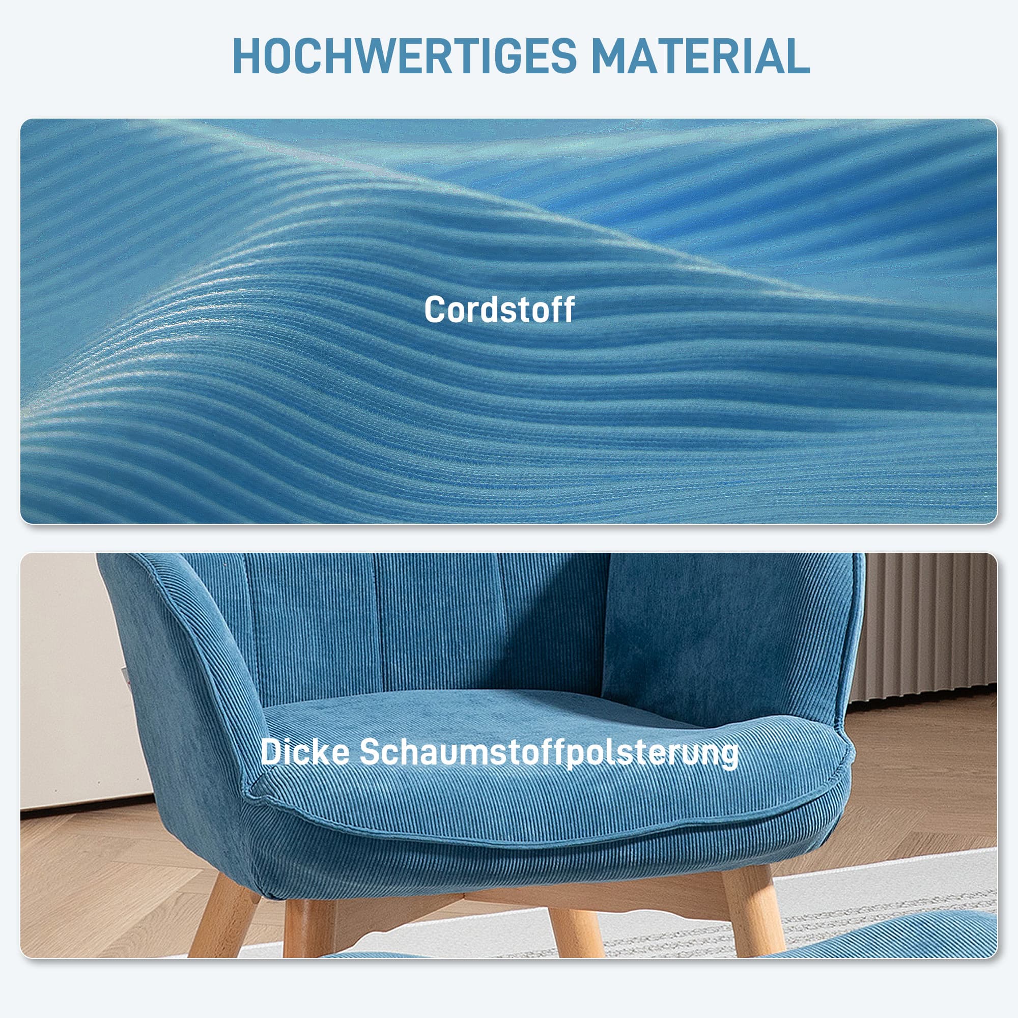 Akzentsessel mit Hocker Cord-Optik, blau