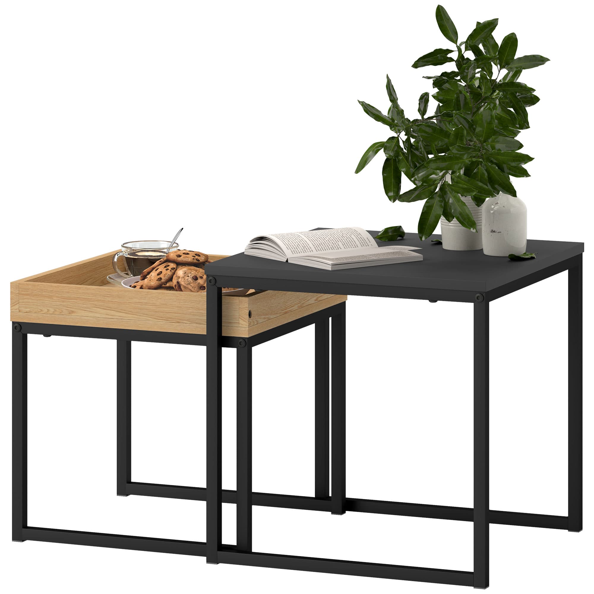 Moderner Couchtisch, 2er-Set, quadratisch, MDF, Metall, Schwarz