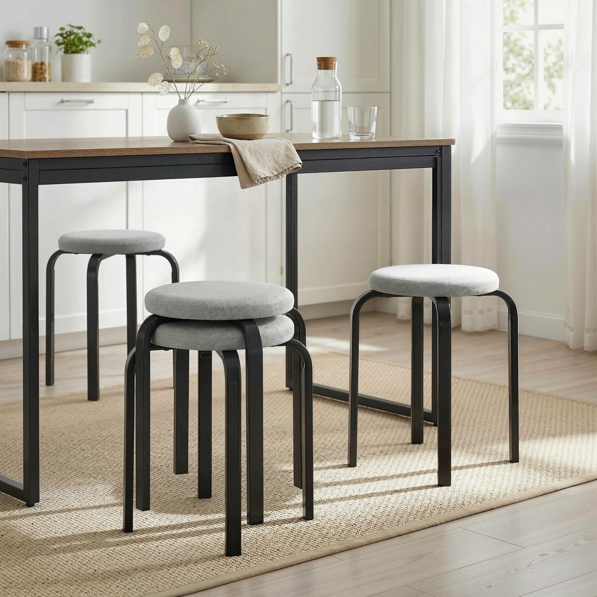 Stapelhocker-Set mit 4 Stück, gepolstert, rund, grau