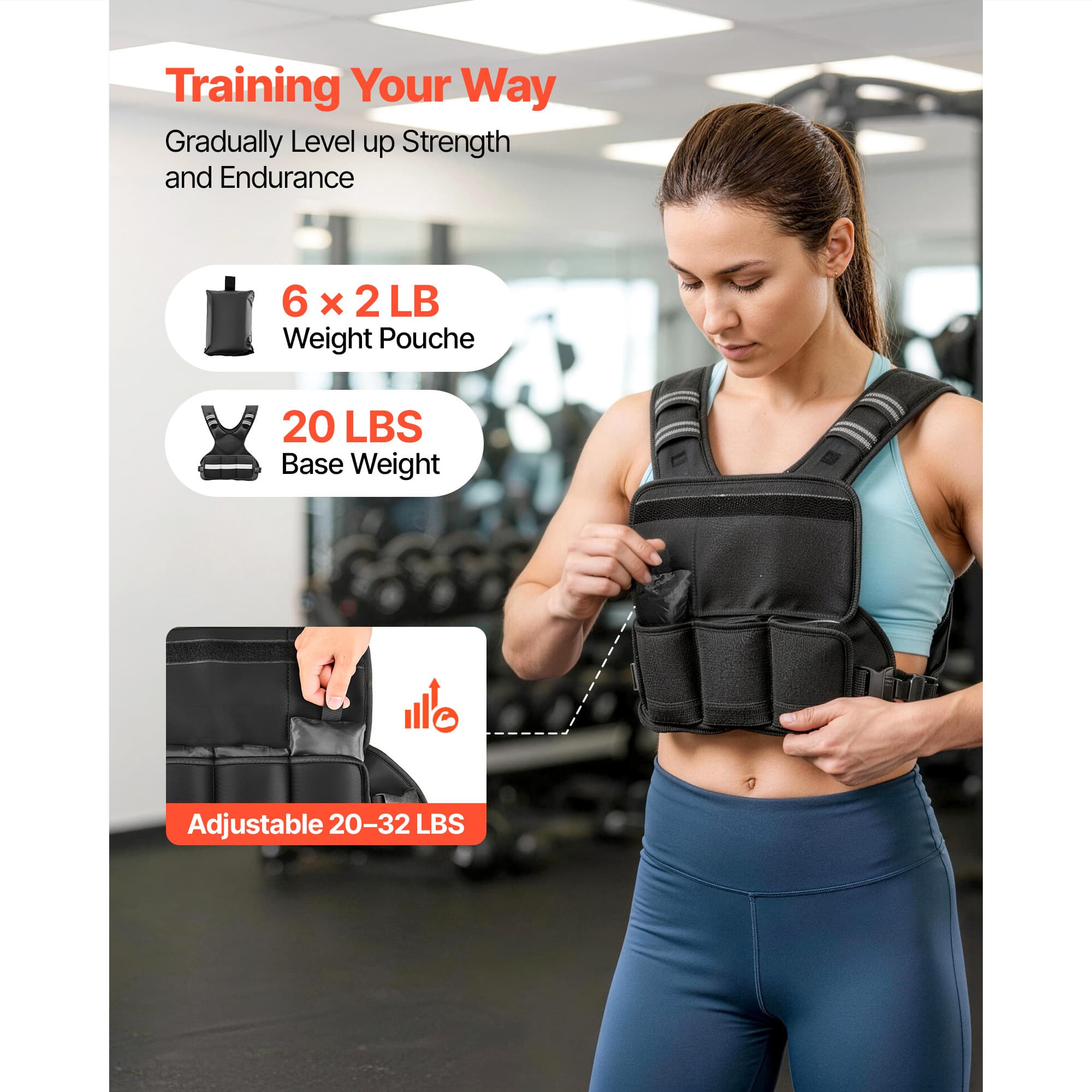 Verstellbare Gewichts Weste, 9-14 kg, Komfortables X-förmiges Bodyweight-Vest Set mit 6 Gewichts-Packs und Reflektierenden Streifen, Für Männer und Fr