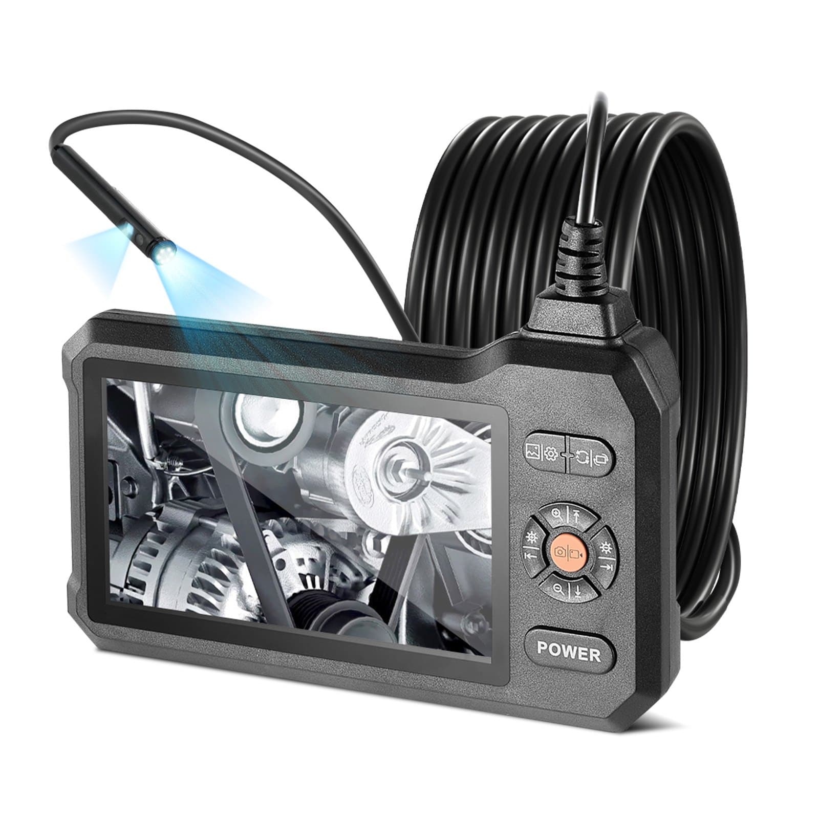 Dual Lens Endoscope With Light, 5 HD IPS Screen Industrial Borescope Camera, 0.22-inch Slim Lens, 8X Zoom, IP67 Waterproof Inspection Snake Camera For