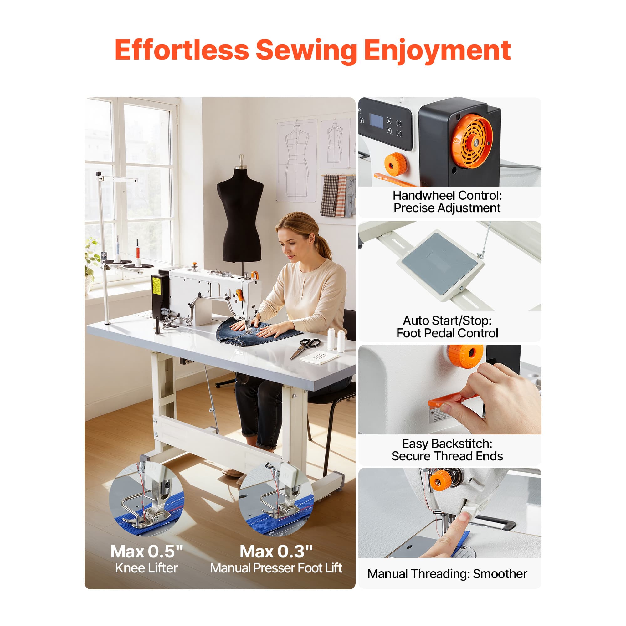 Industrial Sewing Machine, 550W Lockstitch Sewing Machine Set With Servo Motor And Table Stand, 5000 SPM High Speed, Metal Frame, LCD Panel, LED Light