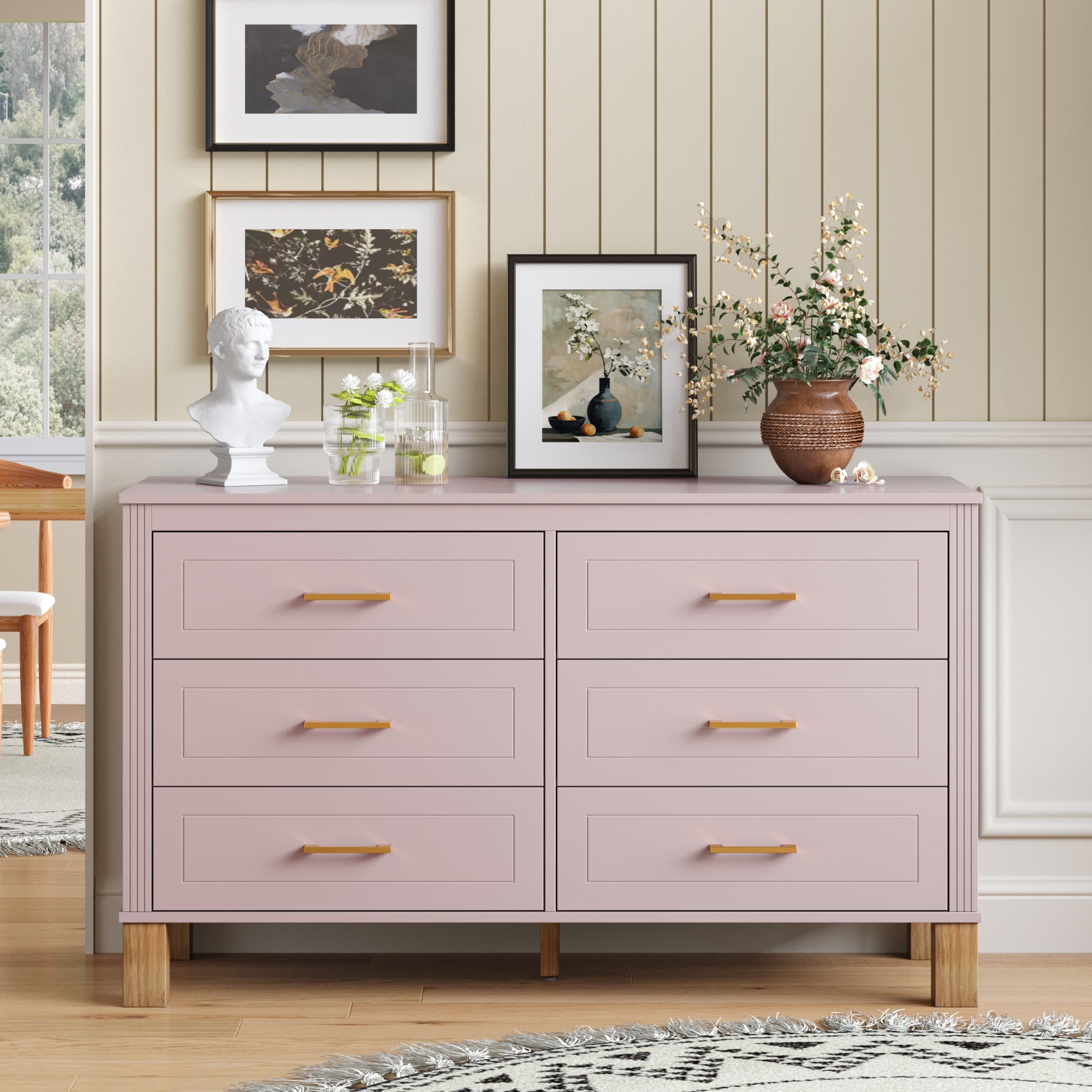 6-Tiroirs Dressing, Armoire de rangement moderne avec poignées en métal et pieds en bois massif, Organisateur de tiroirs de dressing pour chambre d'enfant, Dressing en bois massif résistant