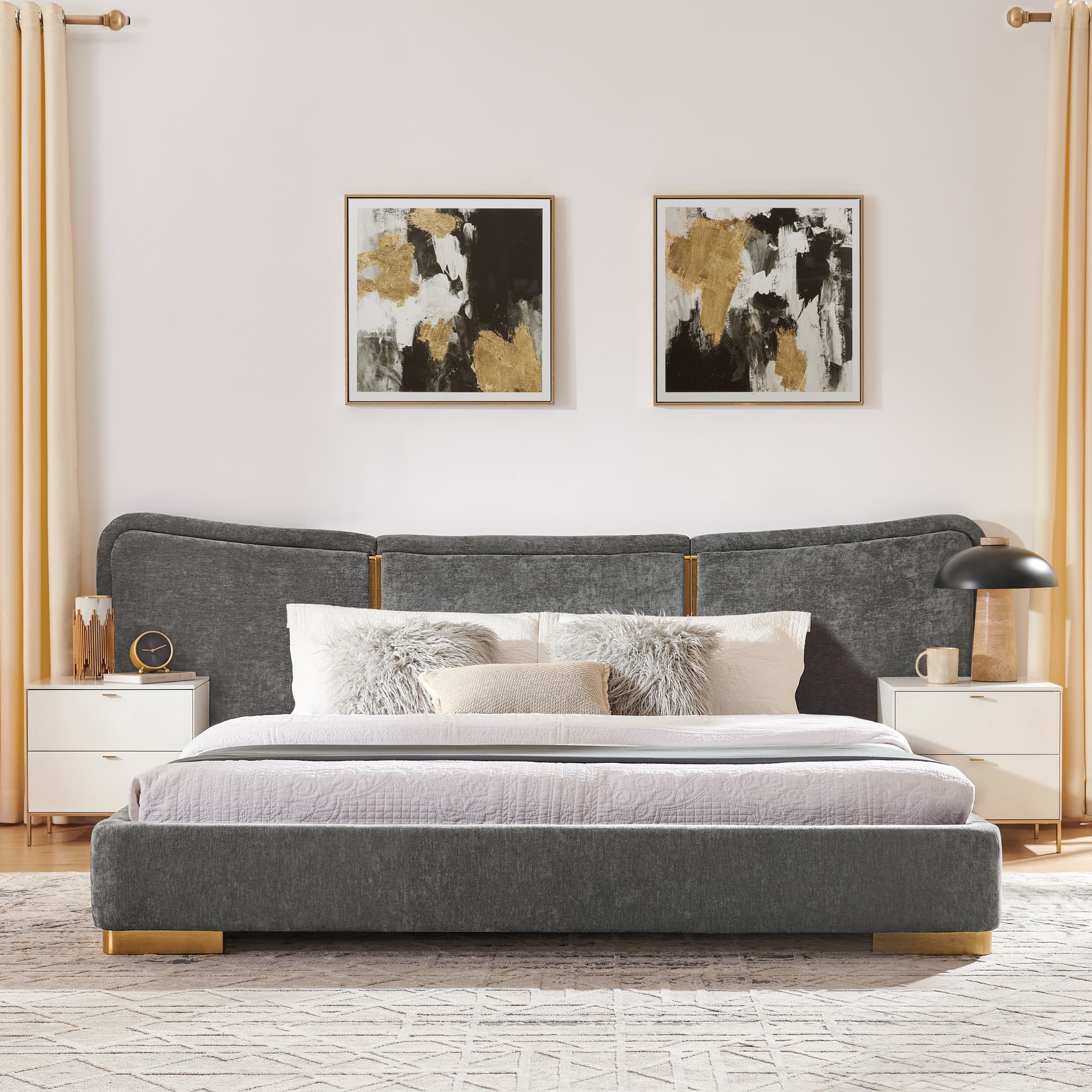 Queen Size Extra Large Platform Bed, Soft Chenille Fabric Frame, Curved Headboard, Reinforced Electroplated Metal Legs, Flexible DIY Side Space Design