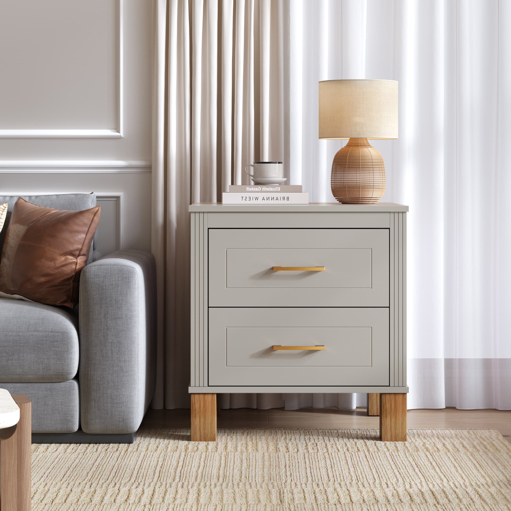 2-Schub-Nachtisch mit eleganten Fluted-Design und soliden Holzbeinen