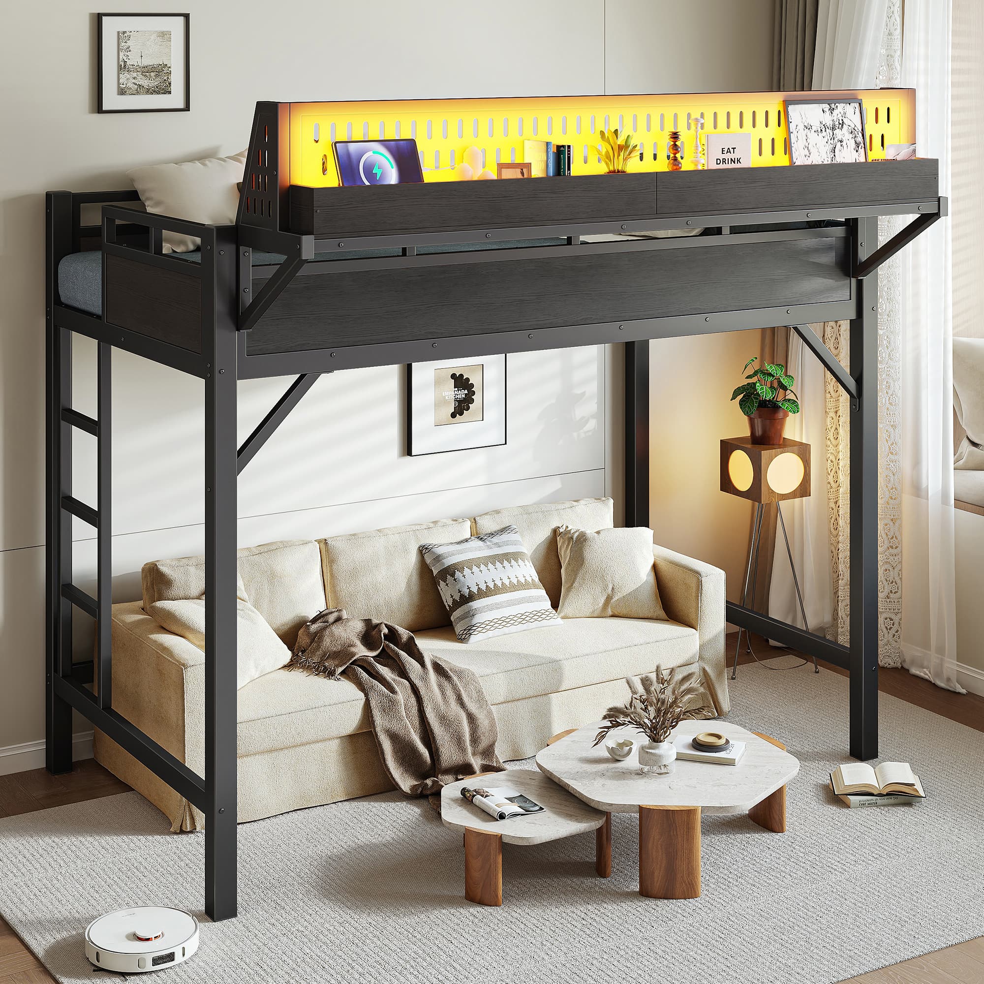 Twin XL Loftbettrahmen mit Stauraumregalen und Wandhaken, Metallloftbett mit USB-Anschlüssen und LED-Leuchten, sicher und stabil, Schwarz