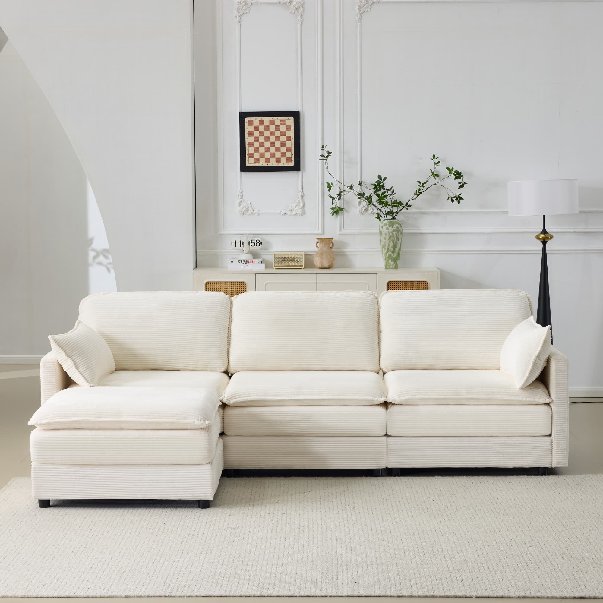 104  Plush Cloud 3 Seater Sofa Modular 3 Seater Sofa   Ottoman With 22  Beige Chenille Cushions   2 Throw Pillows - Compact Size For Apartment, Living
