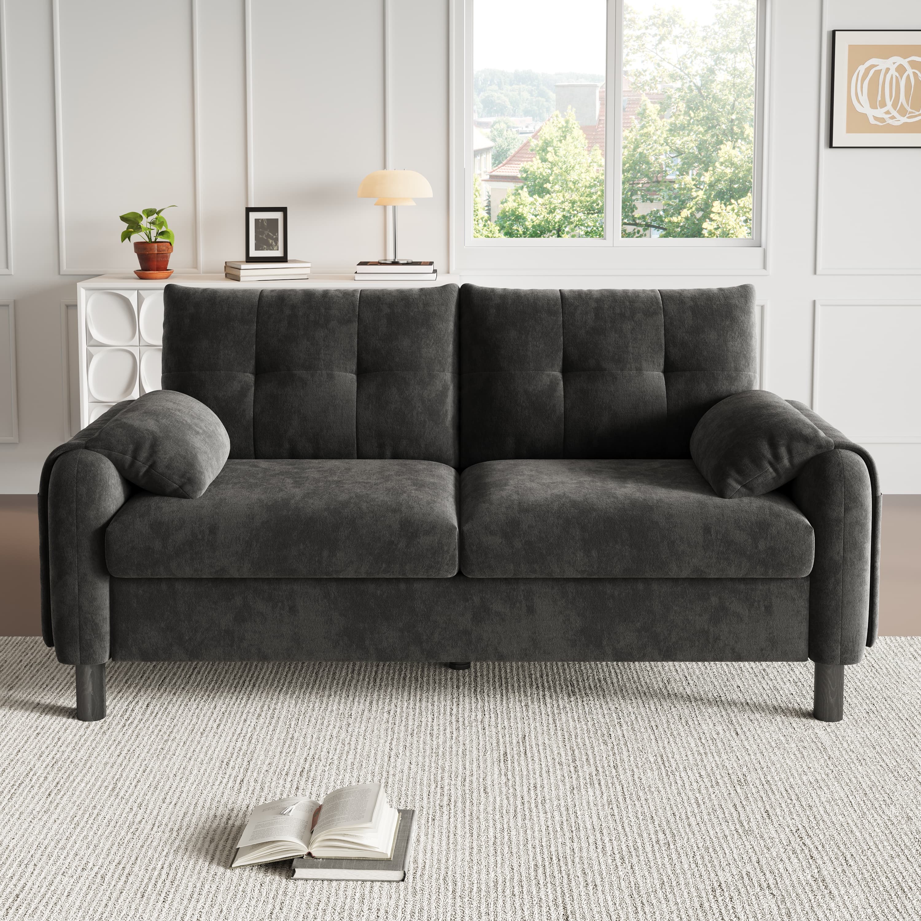 Canap moderne 2 places en tissu Chenille avec sige moelleux, accoudoirs en forme de coussin et poche de rangement latrale, conception conomisatrice d'espace pour petits intrieurs