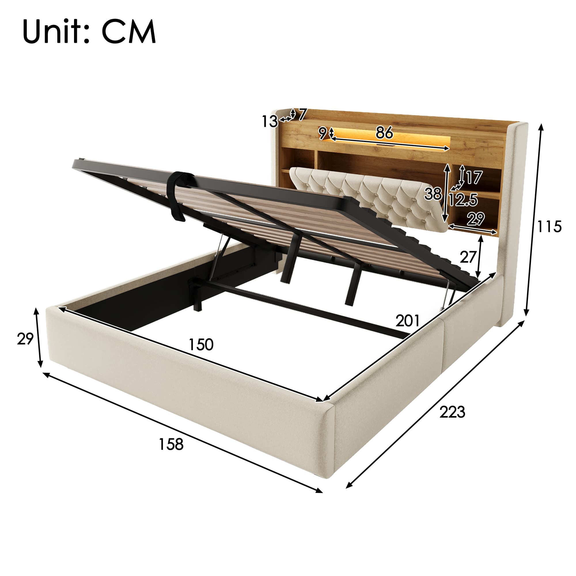 5Ft Kingbett mit hydraulischer Stauraum Upholsterte Bettrahmen W