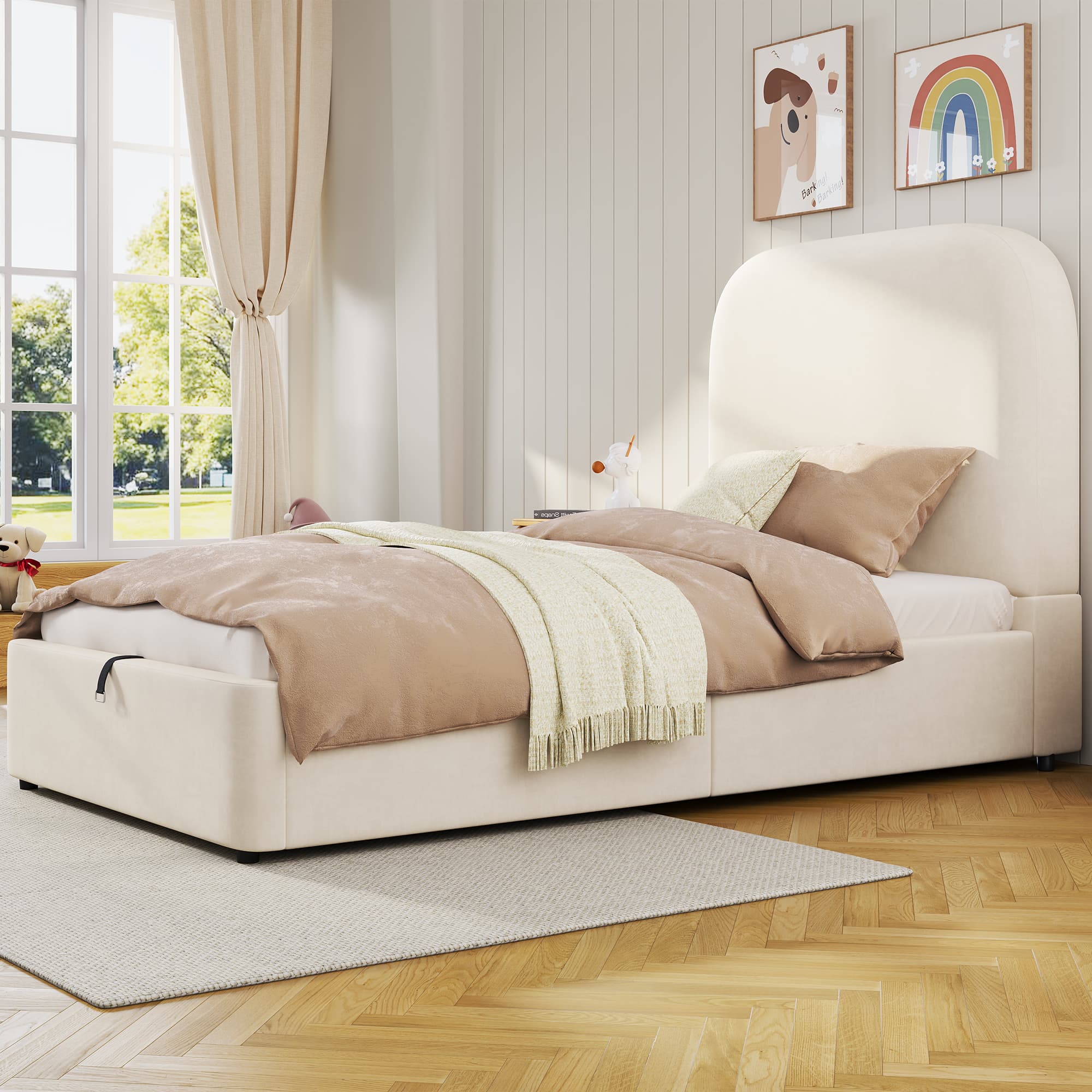 Gepolstertes Einzelbett 90x200 cm mit Stauraum Beige
