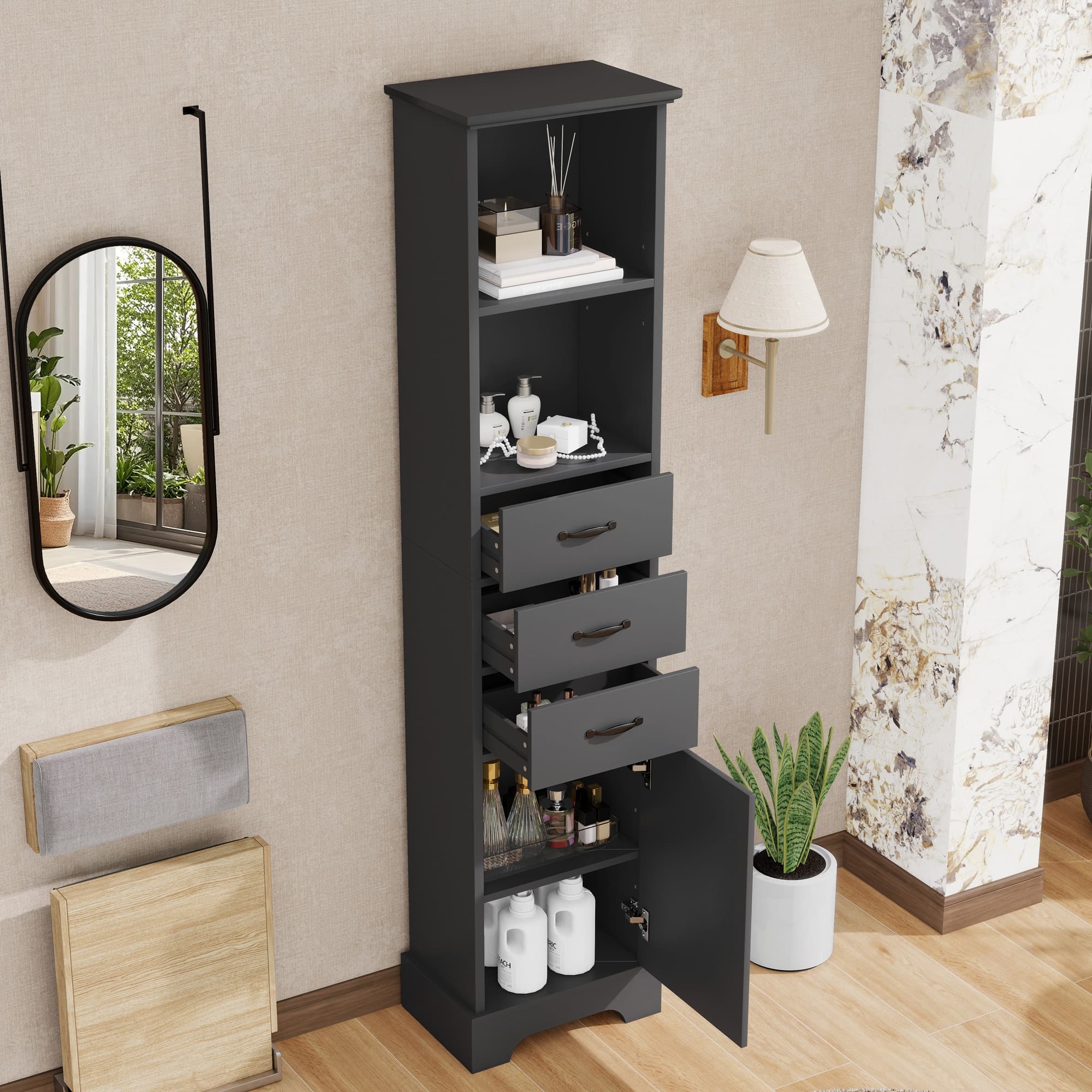 Hoher Badezimmerschrank mit drei Schubladen, Schwarz
