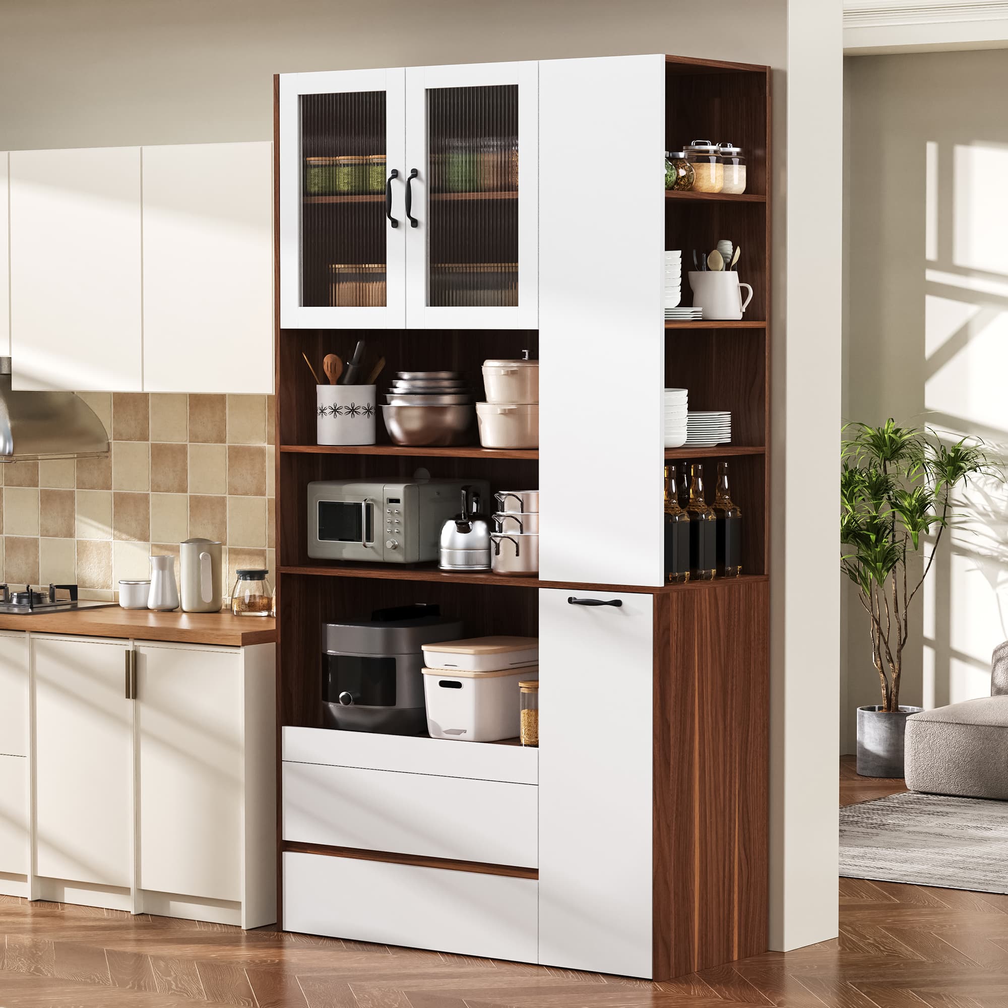 Highboard mit verstellbaren Regalen und Schubladen, Weiß Walnuss