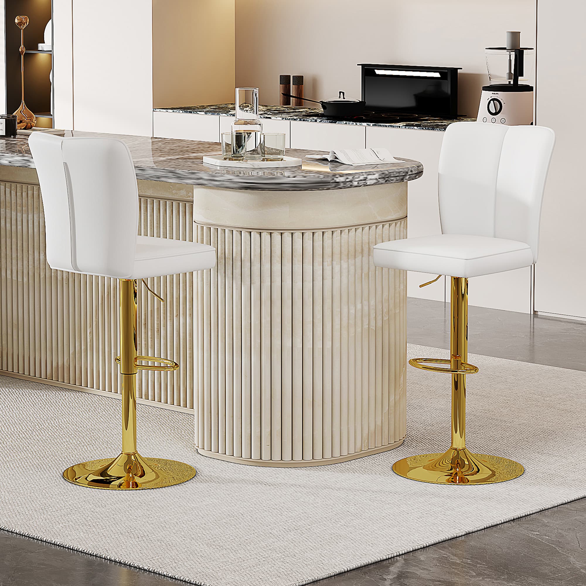 Barhocker 2er Set höhenverstellbar weiß-gold drehbar
