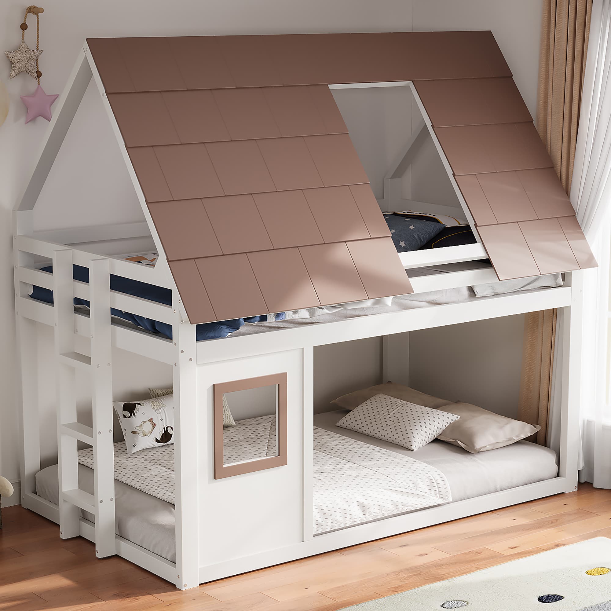 Weißes Etagenbett Holz mit Dach und Leiter