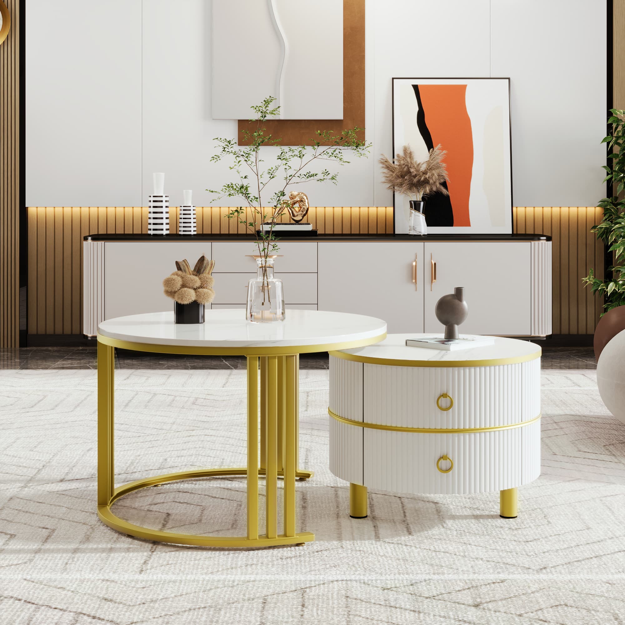 2-in-1 Couchtisch-Set mit Schubladen in Hochglanz