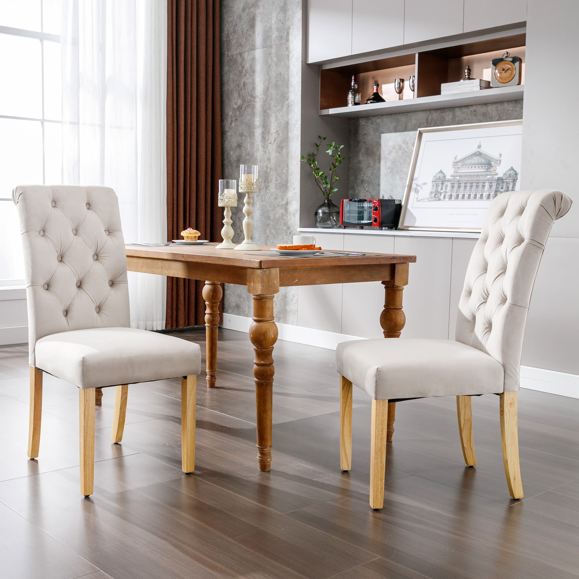 Samt Esszimmerstühle 6er Set mit Eichenbeinen, Beige