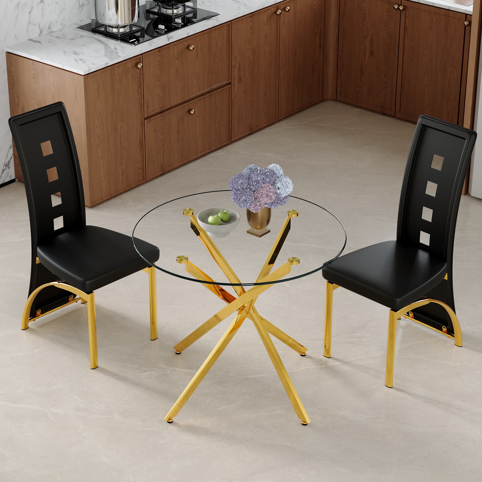 Moderner Esszimmertisch mit Glasplatte und zwei Stühlen