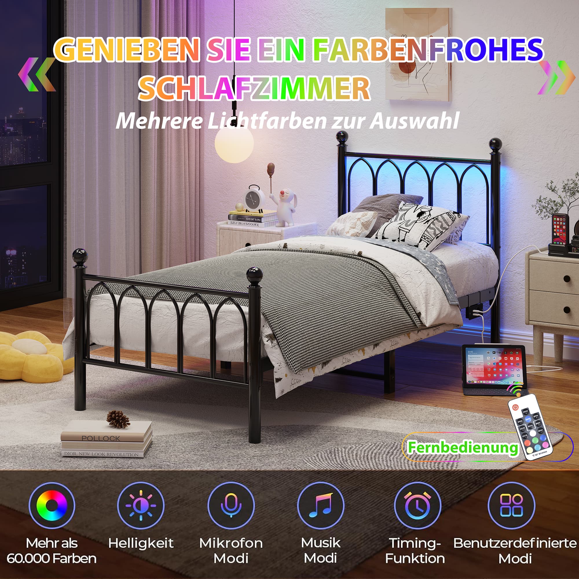 Metallbett 90x200 cm mit LED und USB-Anschluss, schwarz