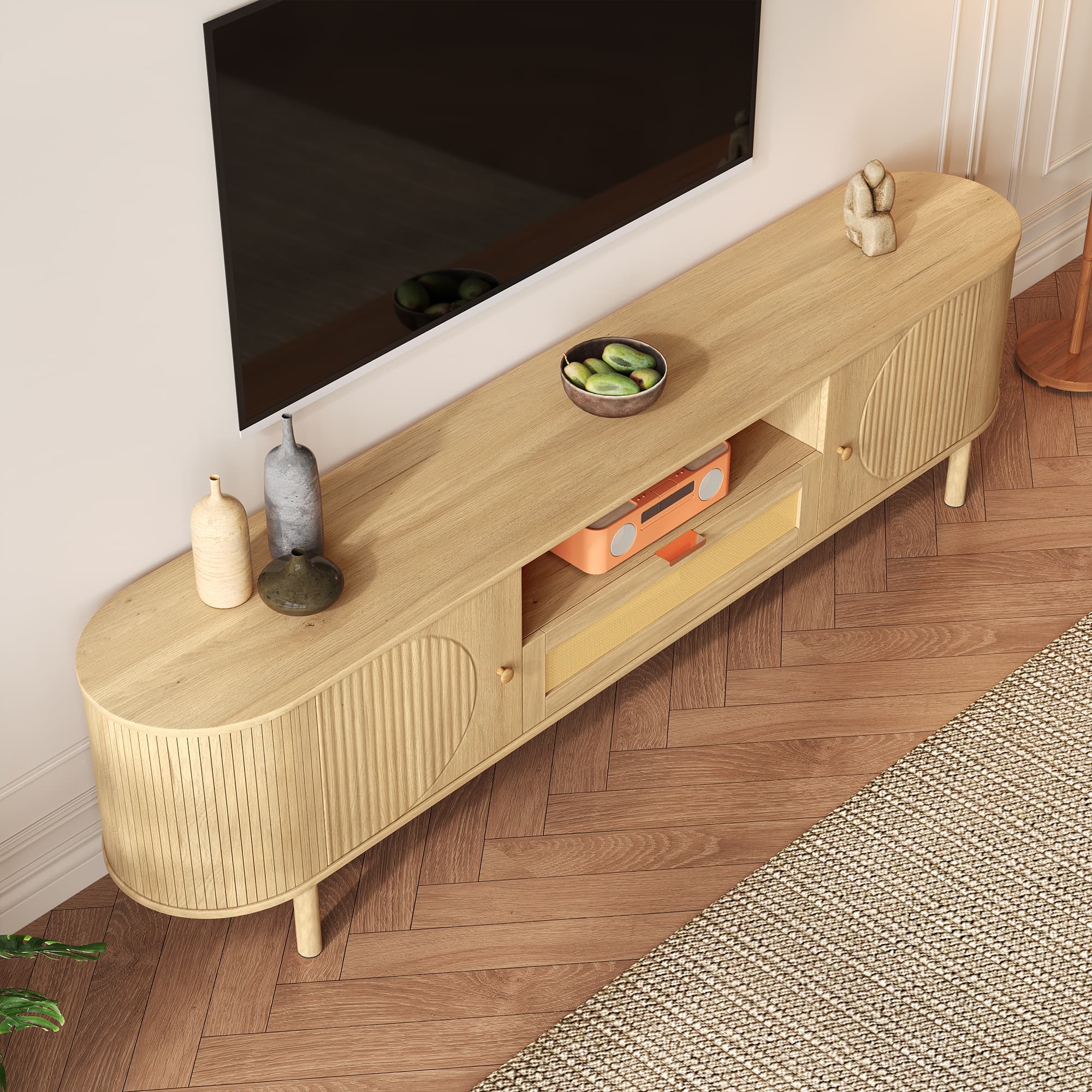 Modernes TV-Lowboard mit Rattan-Schubladen & Fächern