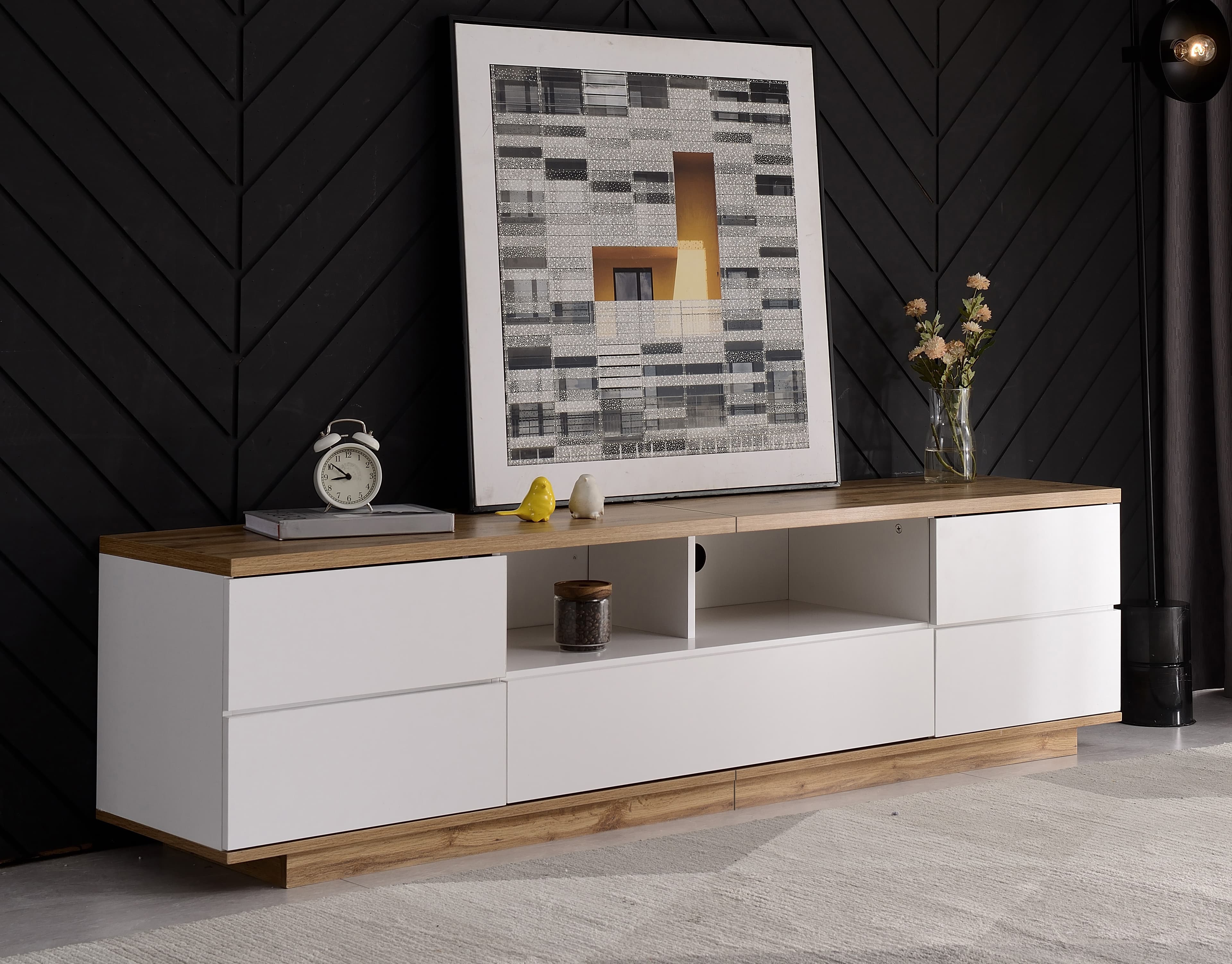 Modernes TV-Lowboard Weiß Holzmaserung 180 cm