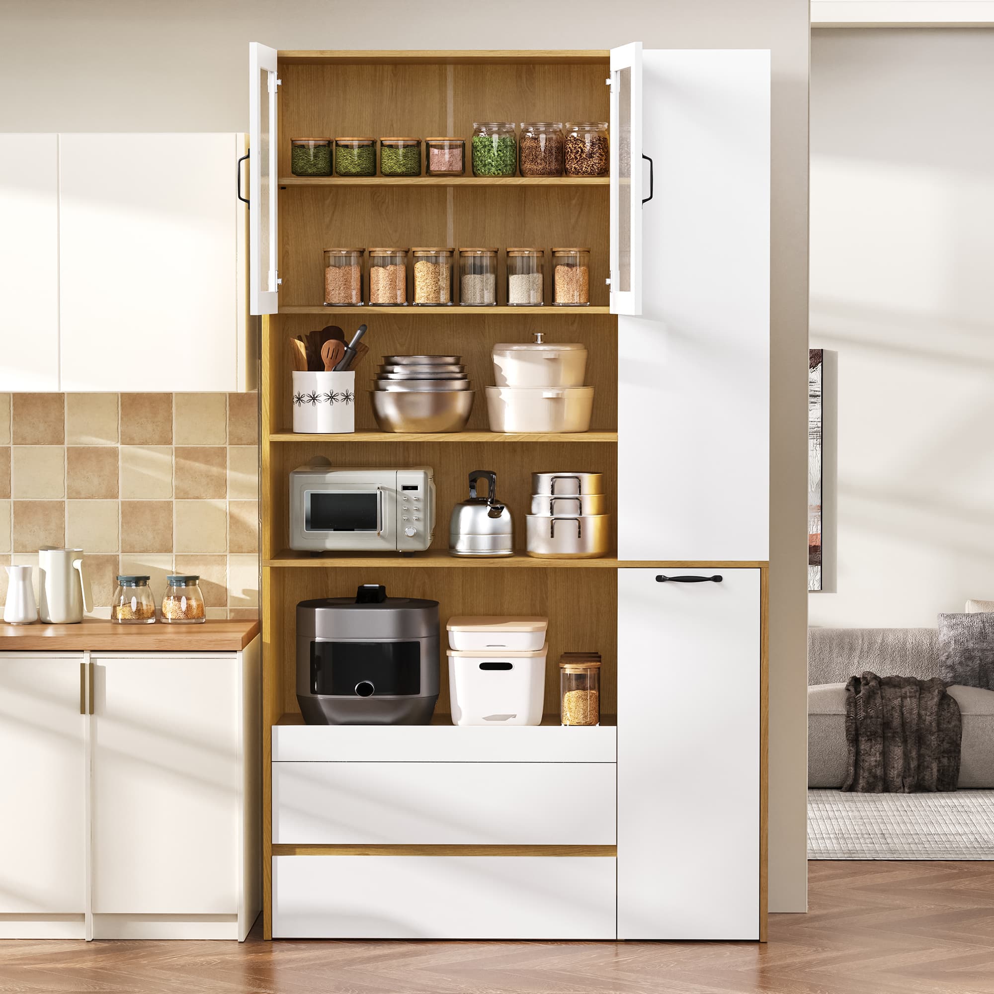 Highboard mit verstellbaren Regalen und Schubladen, Weiß Natur