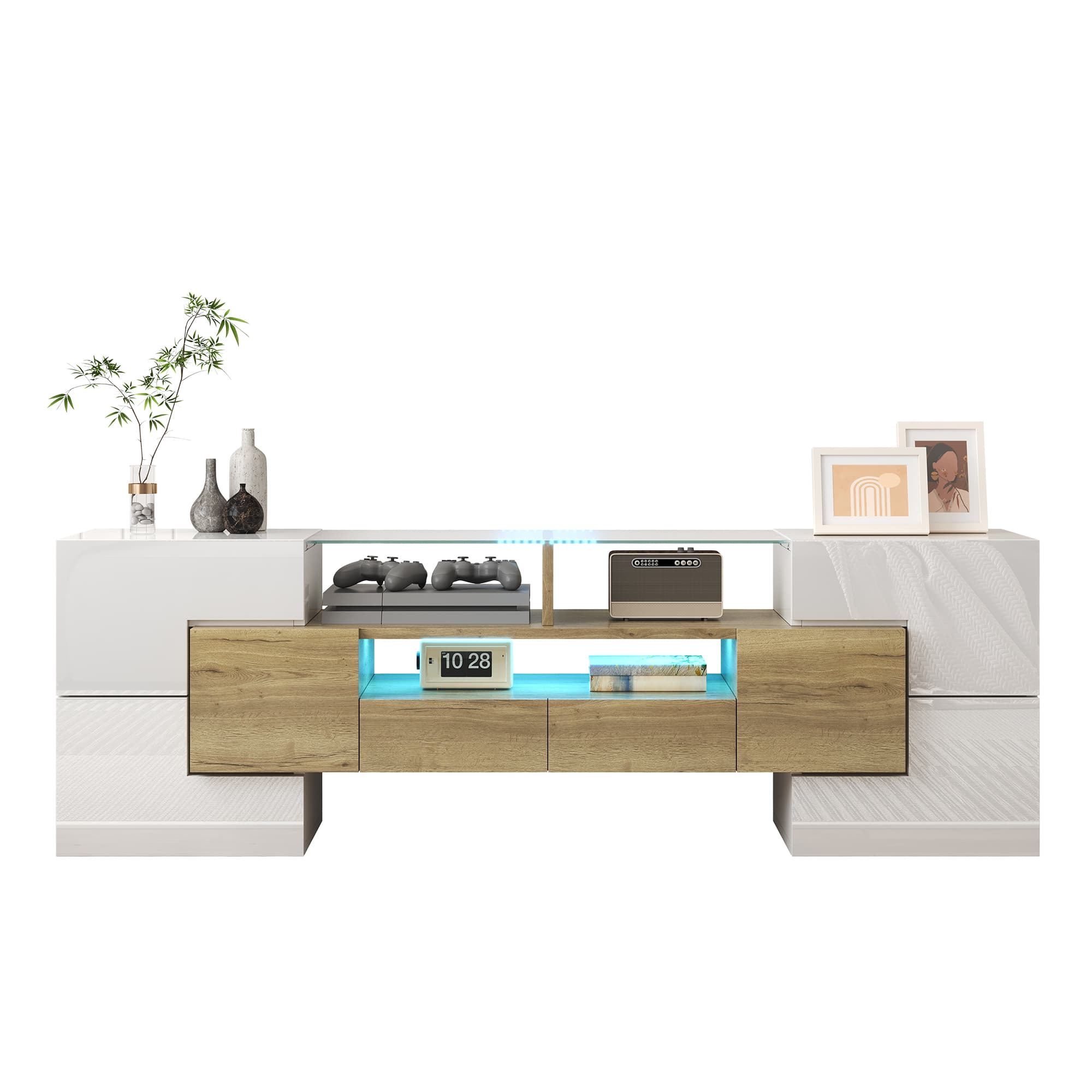 Stylish TV Cabinet, Lowboard. High-gloss White, 145 Cm, LED Lighting, Living Room Furniture. Modern Design. Elegant Glass Surface.