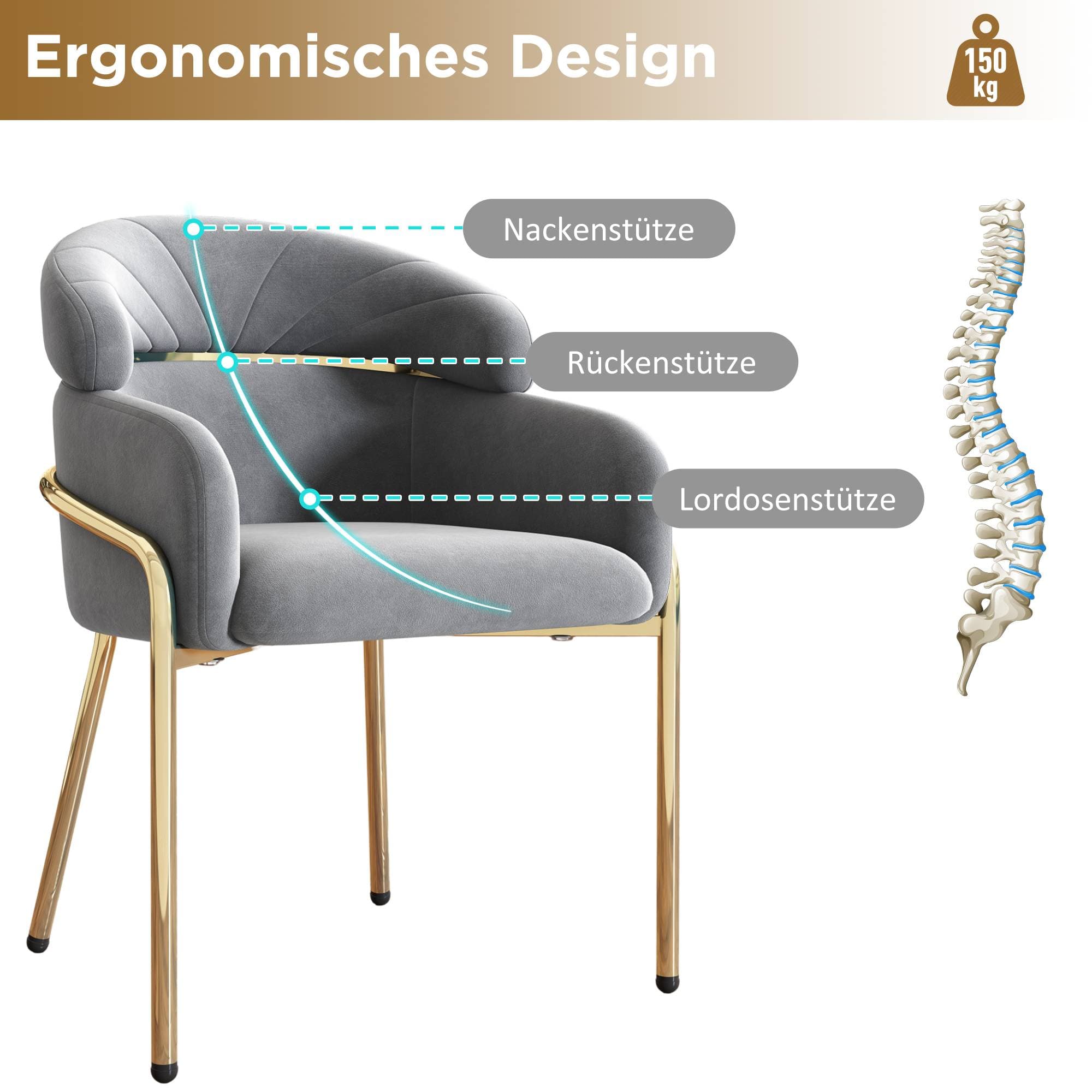 Samt Esszimmerstuhl mit Metallbeinen, grau