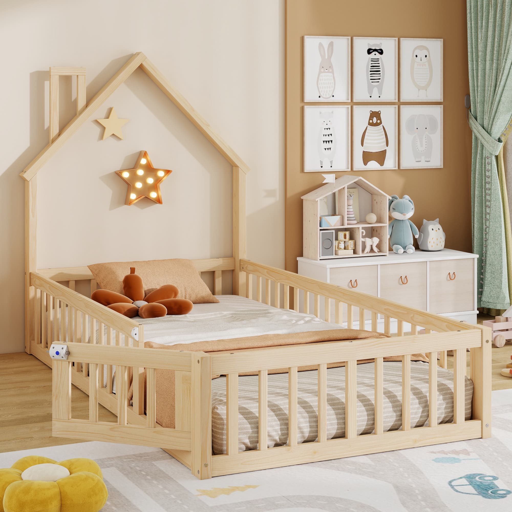 Hausbett 90 x 200 cm Kinderbett mit Schornsteinform, Kiefer natur