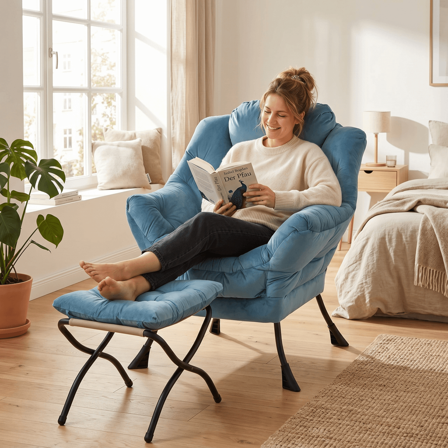 Ohrensessel mit Hocker und Armlehnen in Blau