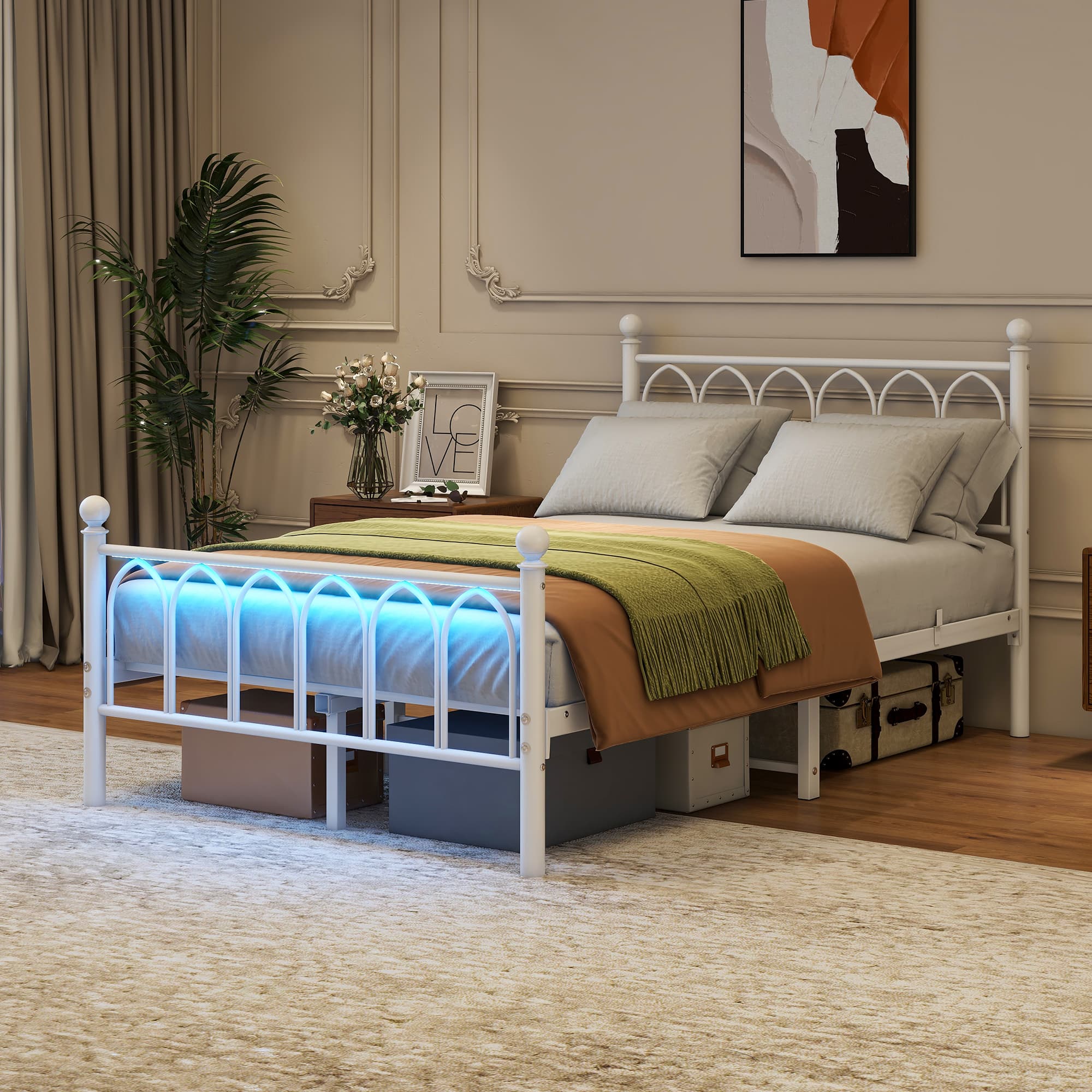 Metallbett 120x200 cm mit LED und USB-Anschluss, Weiß