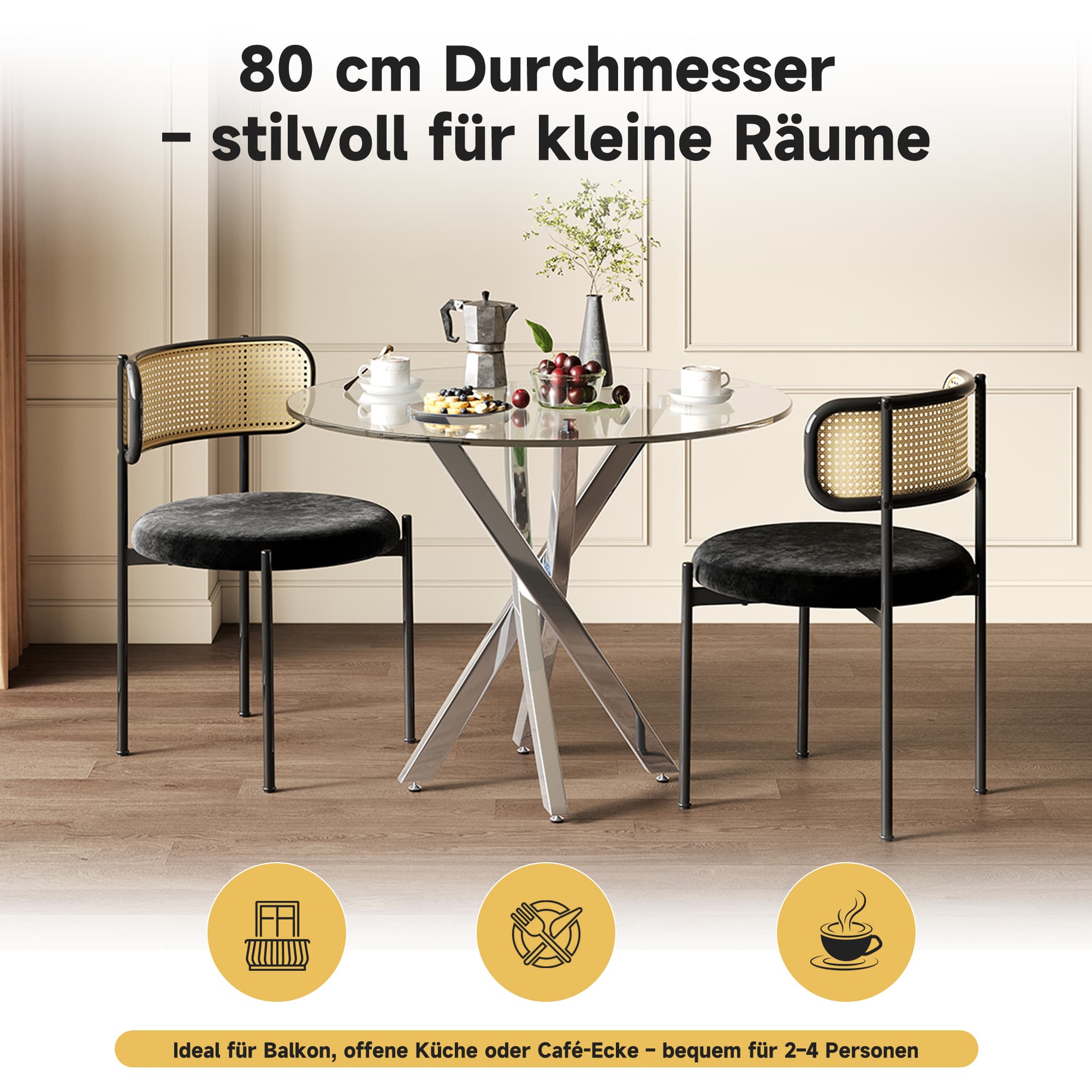 Runder Esstisch aus Glas mit verzinkten Beinen, silber