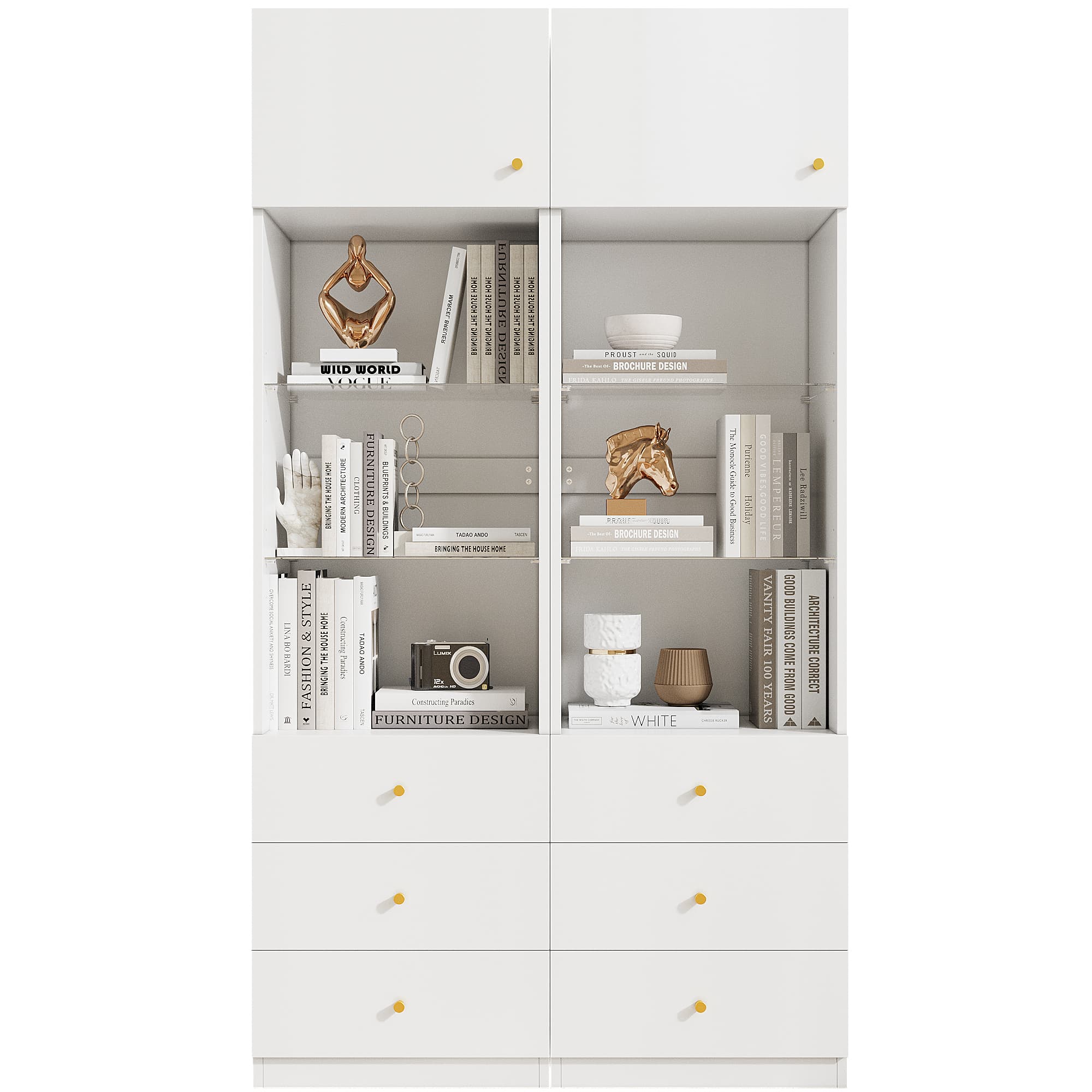 Vitrinenschrank mit Schubladen und offenem Regal, 2er-Set