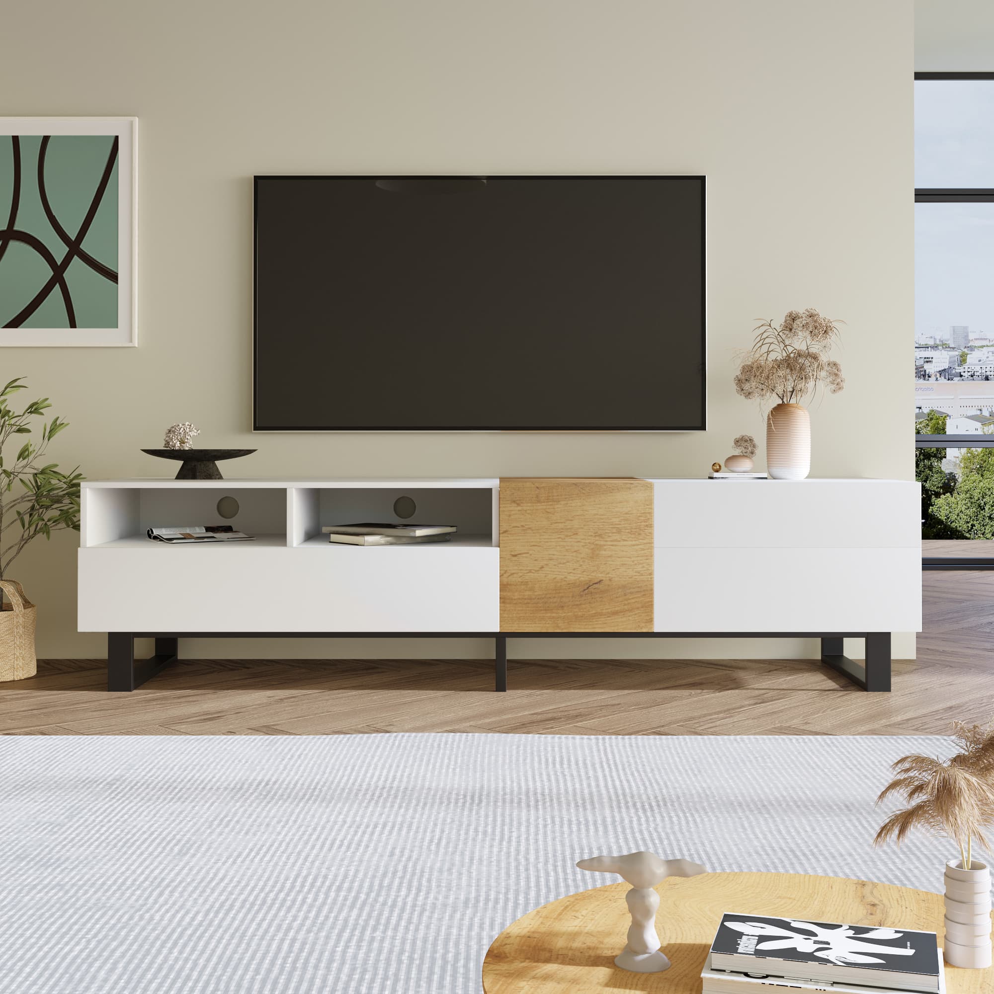 Modernes TV-Lowboard in Weiß und Holzoptik