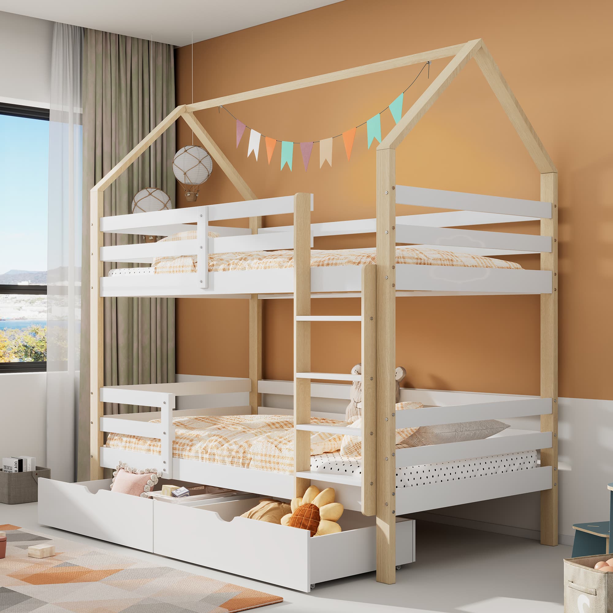 Kiefernholz Kinderbett Hausform 90x200 cm weiß