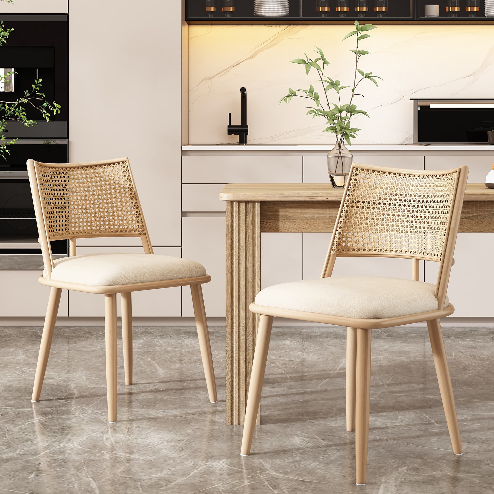 2 Esszimmerstühle mit Polstersitz und Rattan-Rückenlehne