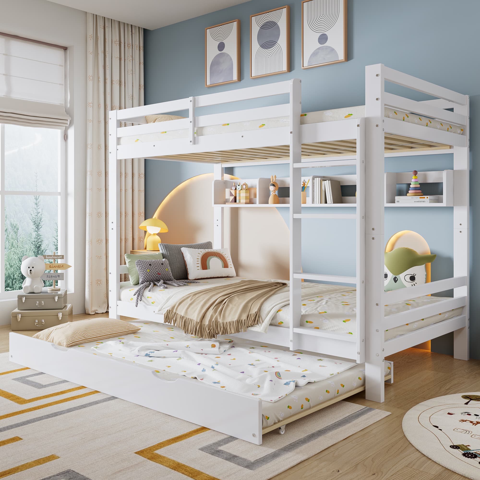 Litera con cama extraíble, estantes y escalera, blanca