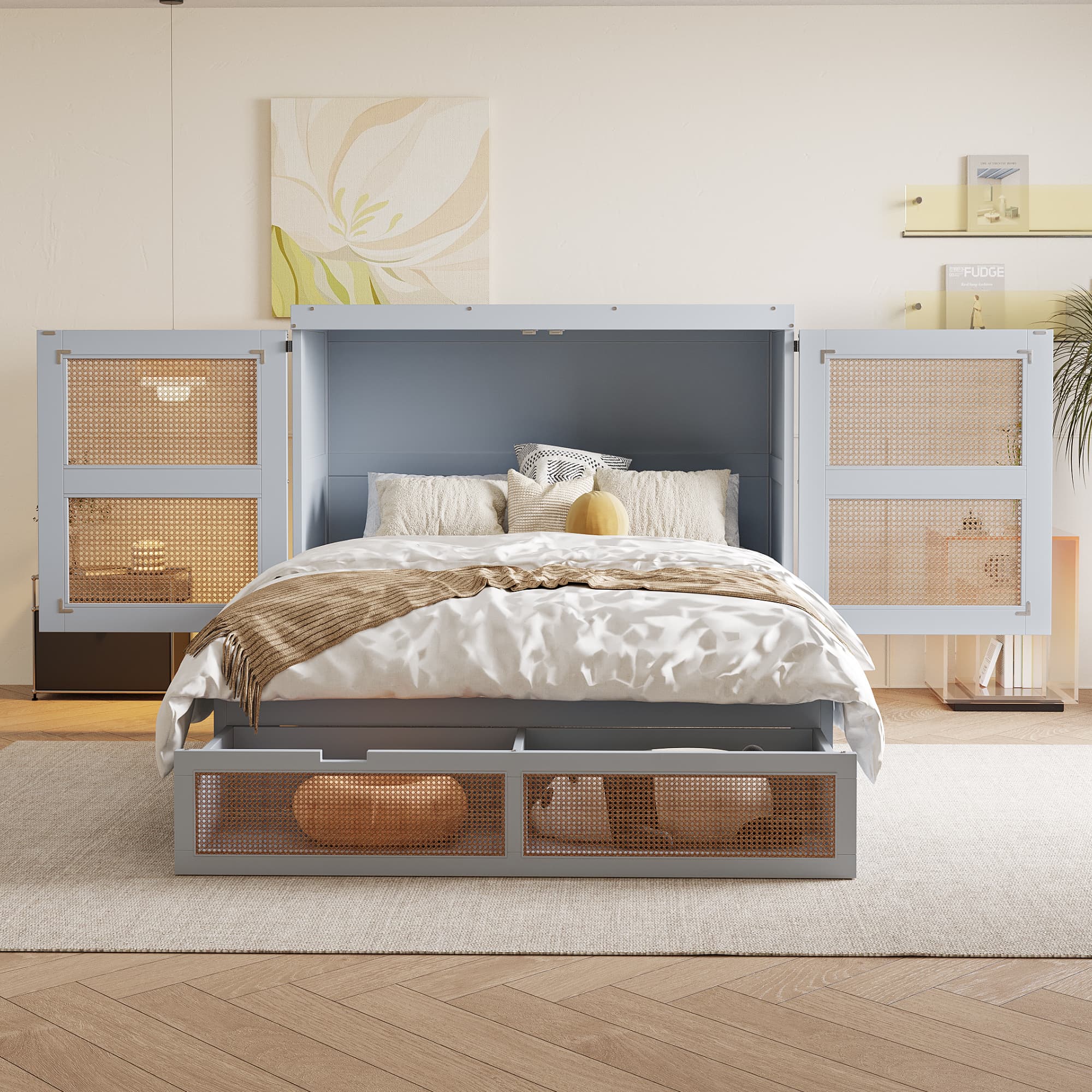 Wandklappbett 140x200 cm Schublade Rattan
