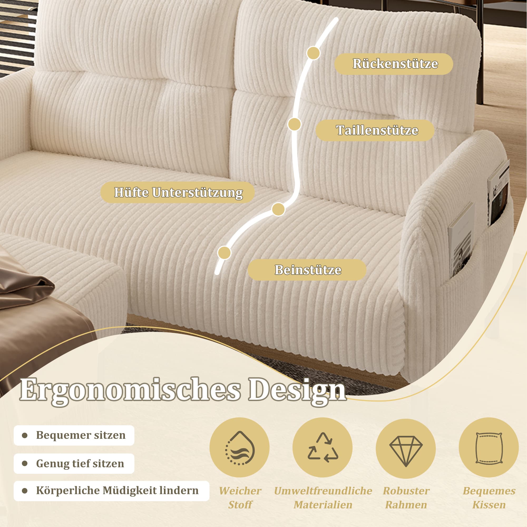 Zweisitzer-Sofa aus Cord mit hoher Rückenlehne