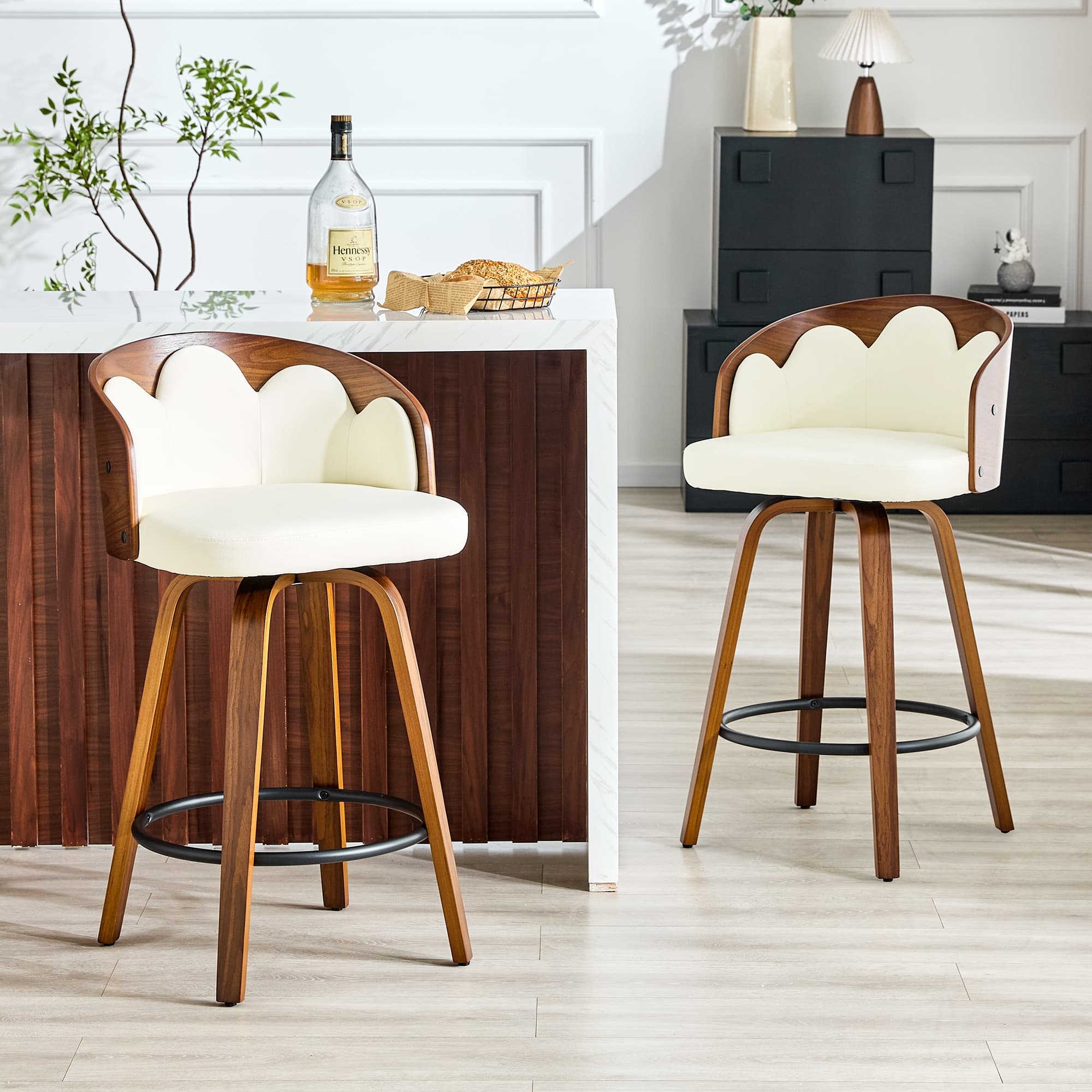2er-Set Barhocker mit Blumen-Rückenlehne, Formholz, PU-Leder