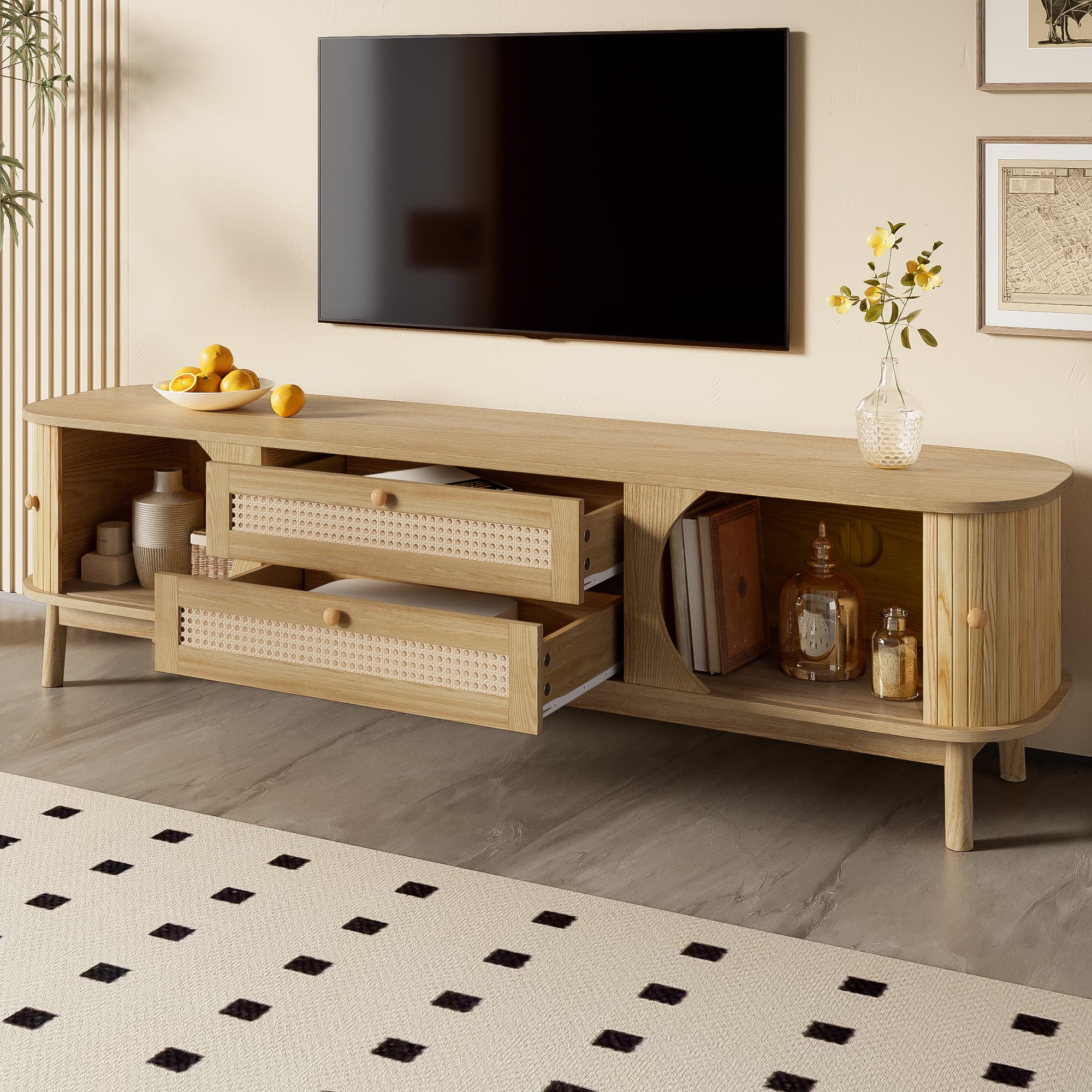 TV-Schrank aus Naturholz mit Türen und Schubladen