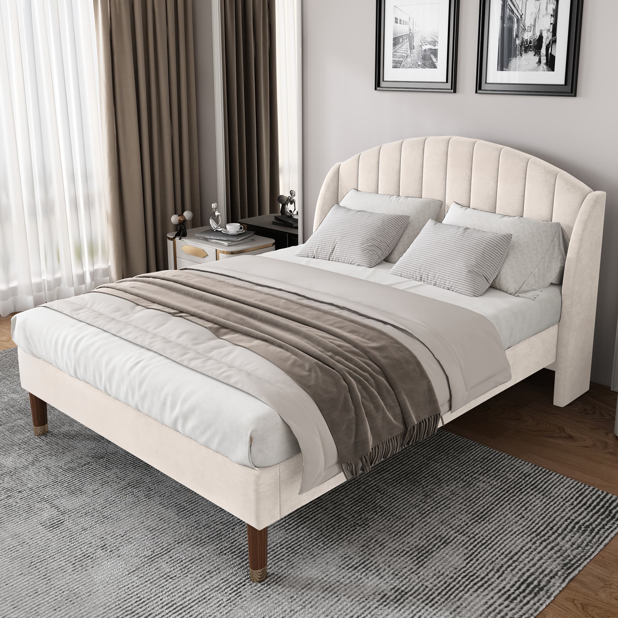 Gepolstertes Bett 140x200 mit Lattenrost und Kopfteil Samt Beige