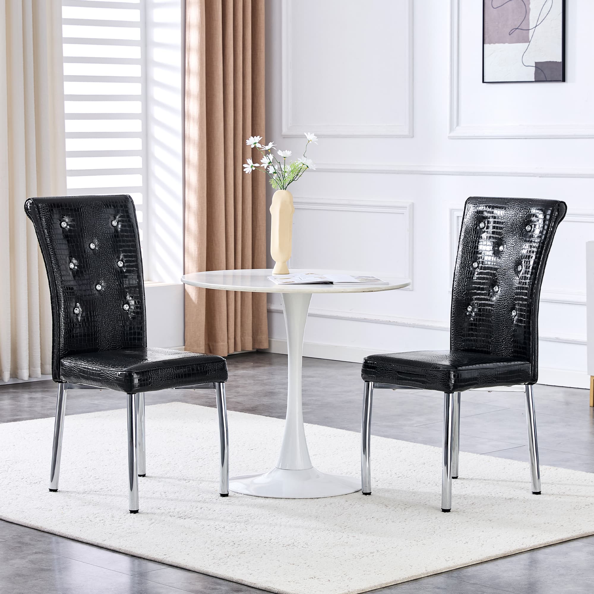 Set Of 2 Retro Alligator Skin Upholstered Dining Chairs, With Crystal Buckle Design And Faux Leather Design, Adding A Touch Of Elegance And Mystery To