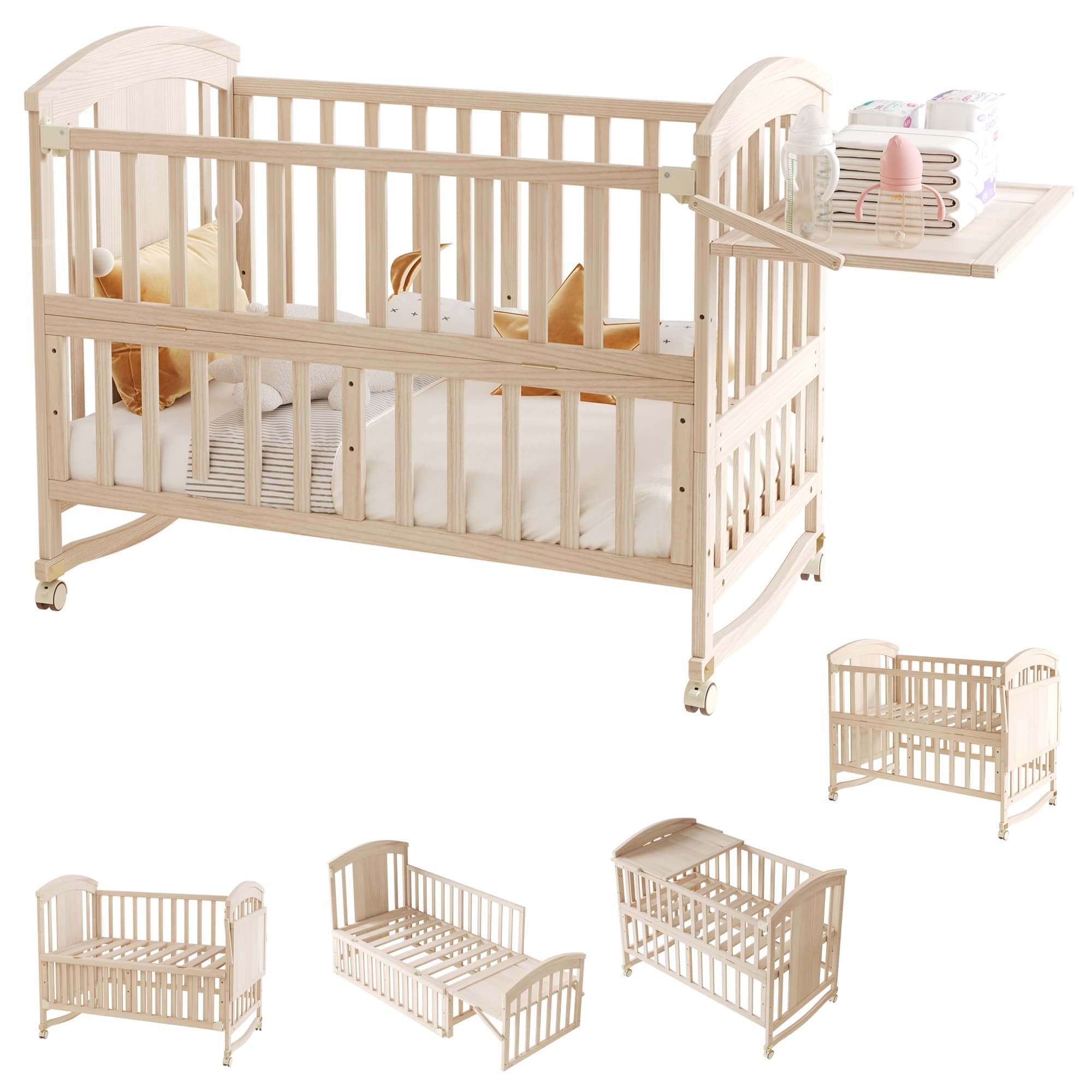 Multifunktionales Holz-Babybett mit Wickeltisch