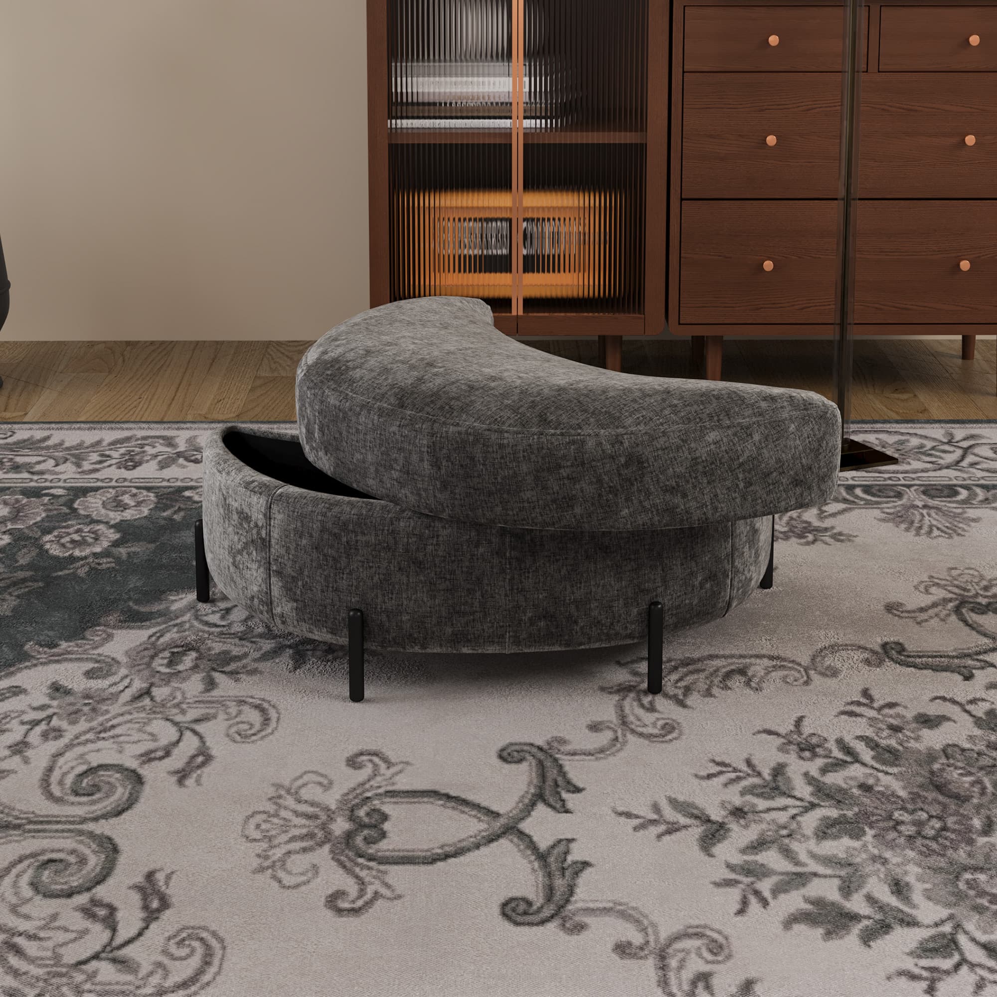 Halbmond-Hocker Chenille grau mit Tablett