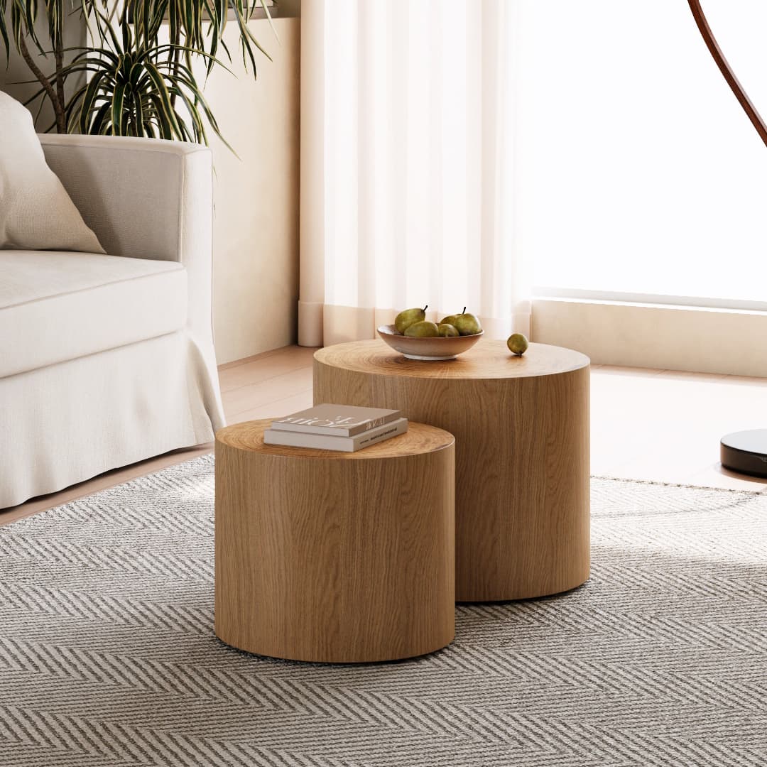 Nesting Couchtisch-Set aus 2 runden Holztischen