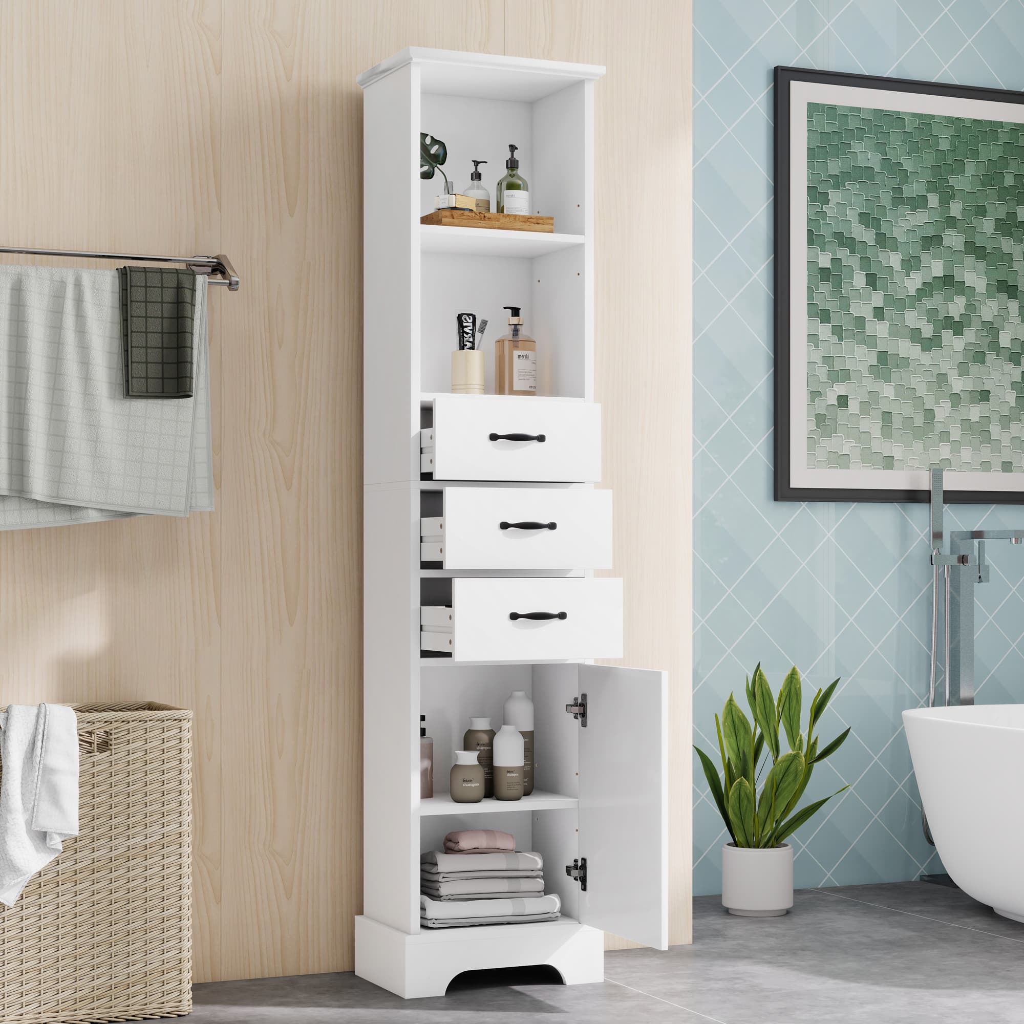 Hoher Badezimmerschrank mit Schubladen und Regalen, Weiß