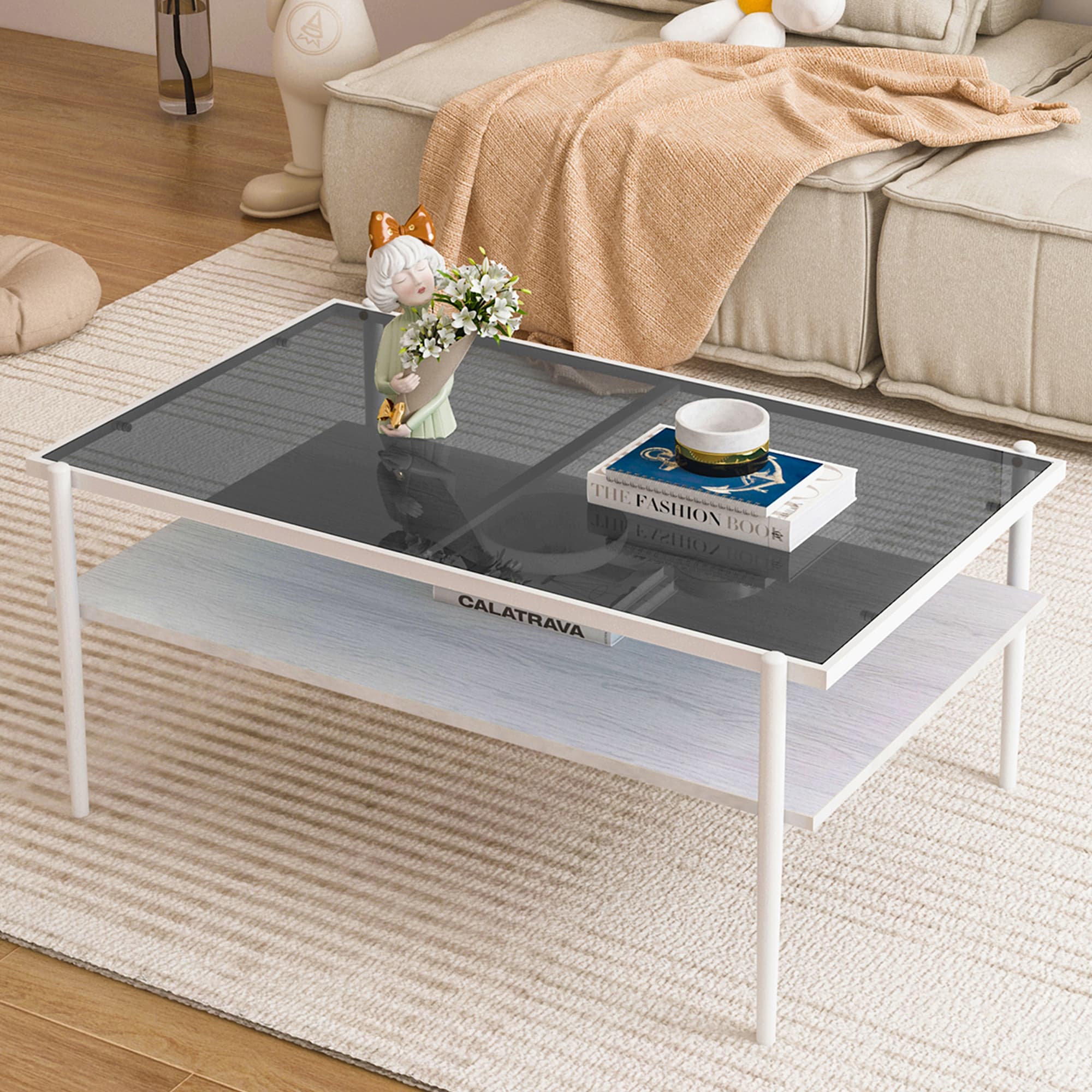 Moderner Couchtisch aus Glas mit Metallgestell, Grau-Weiß