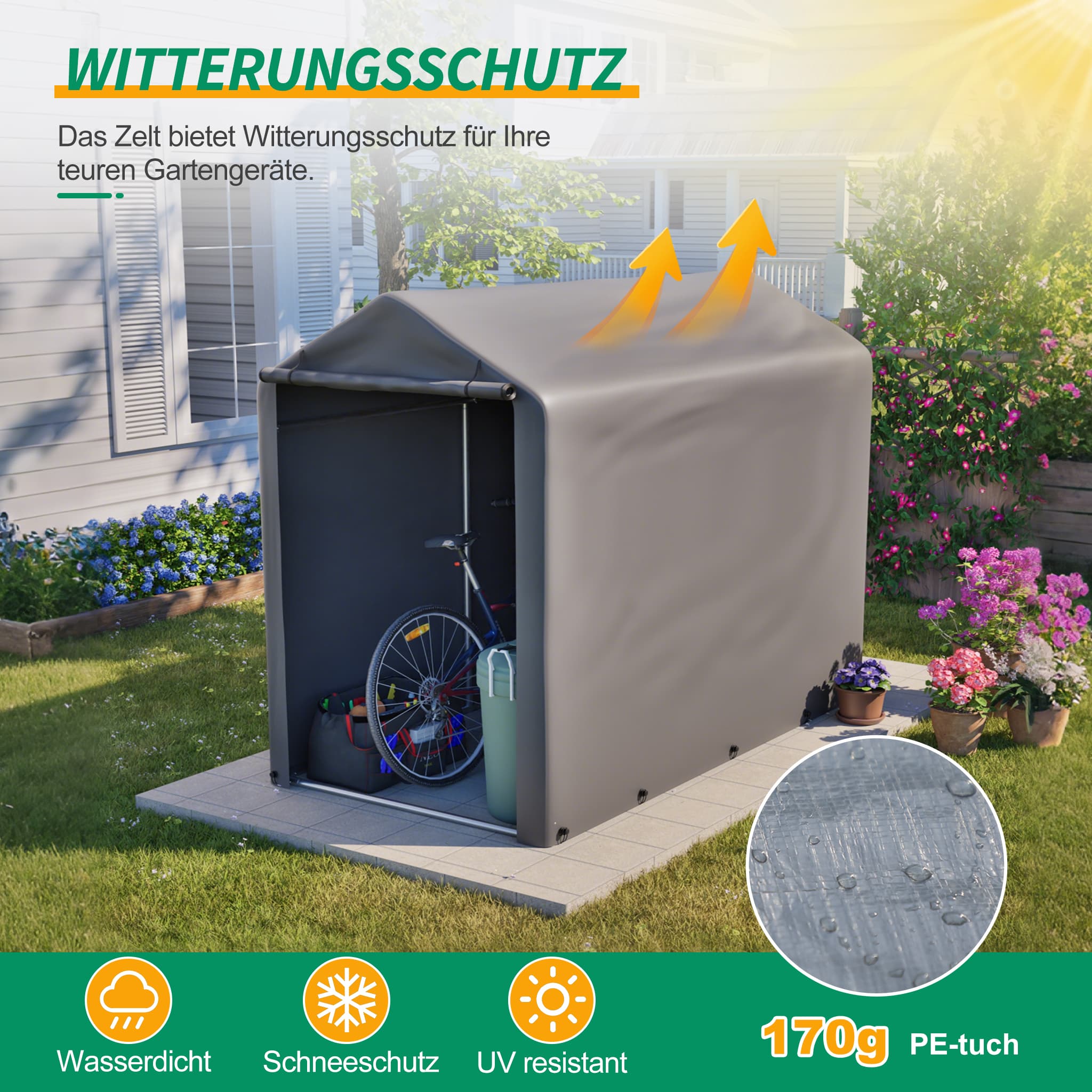 Garage per giardino e biciclette resistente alle intemperie, telaio in acciaio, grigio