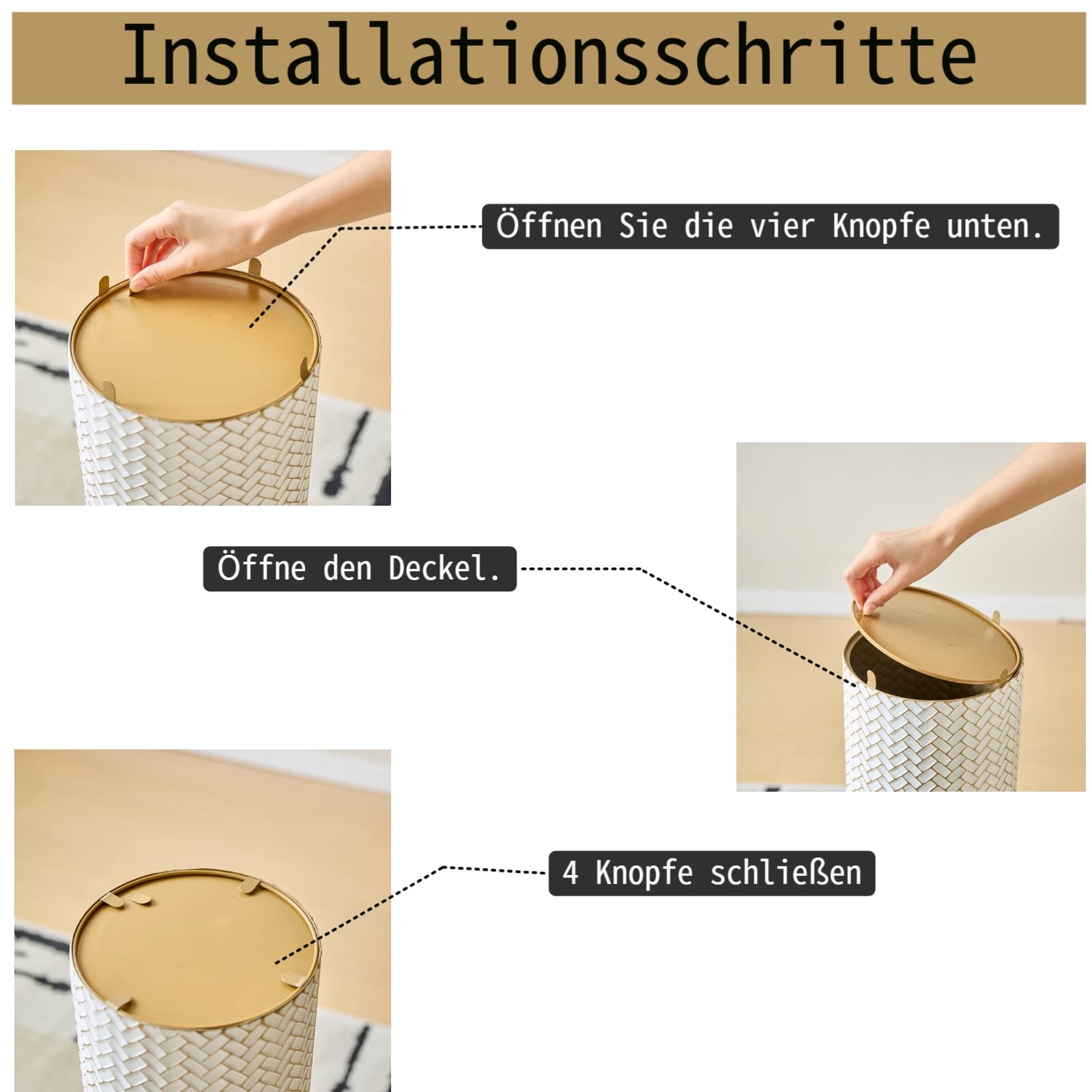 3er Set große Bodenvasen in Gold und Weiß